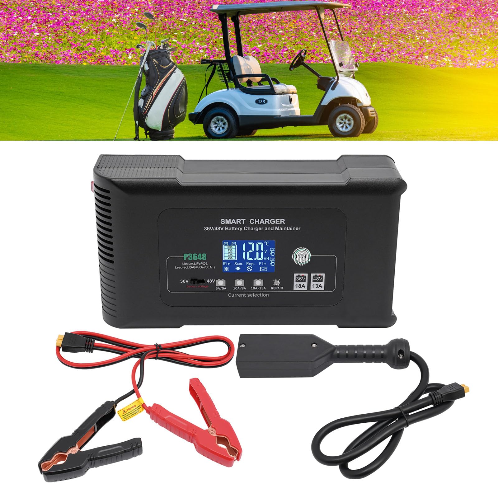 Cargador de coche de 36 V, 23 x 12,5 x 7 cm, cargador de batería inteligente rápido, para cargar baterías de litio, LiFePO4 y plomo-ácido
