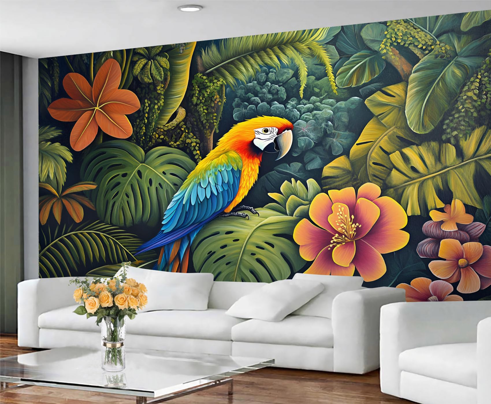 GIVLWF Parrot Wallpaper & Wall Decor, Tropical Parrot Bedroom Wallpaper, Monstera Leaves Wall Paper for Living Room, Large Mural - Non Self Adhesive