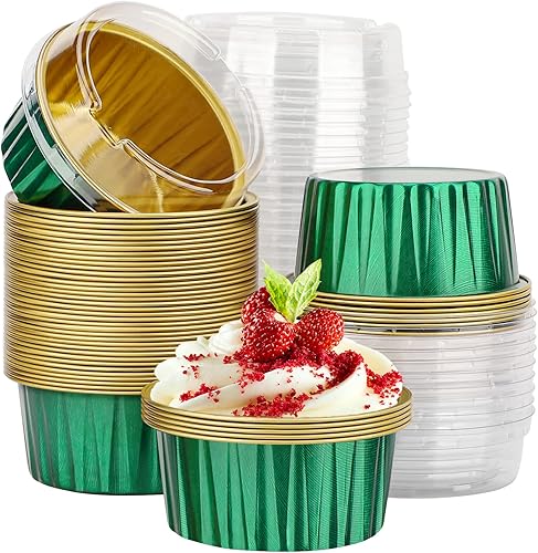 EUSOAR Ramekins desechables de papel de aluminio, 50 paquetes de tazas para hornear de 5 onzas con tapas, mini forros para magdalenas, moldes para
