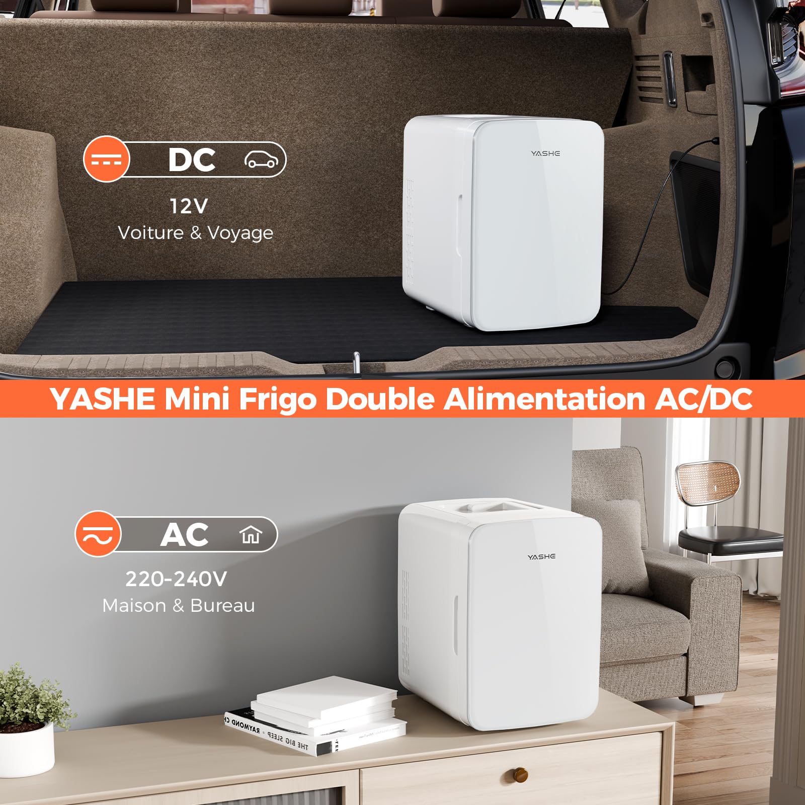 YASHE Mini Frigo de Chambre, Mini Frigo 10 Litres/ 12 Canettes, Fonction Chaud et Froid, Frigo Mini 220V CA/12V CC, Silencieux, pour Boissons, Cosmetique, Bureau, Dortoir, Voiture, Blanc