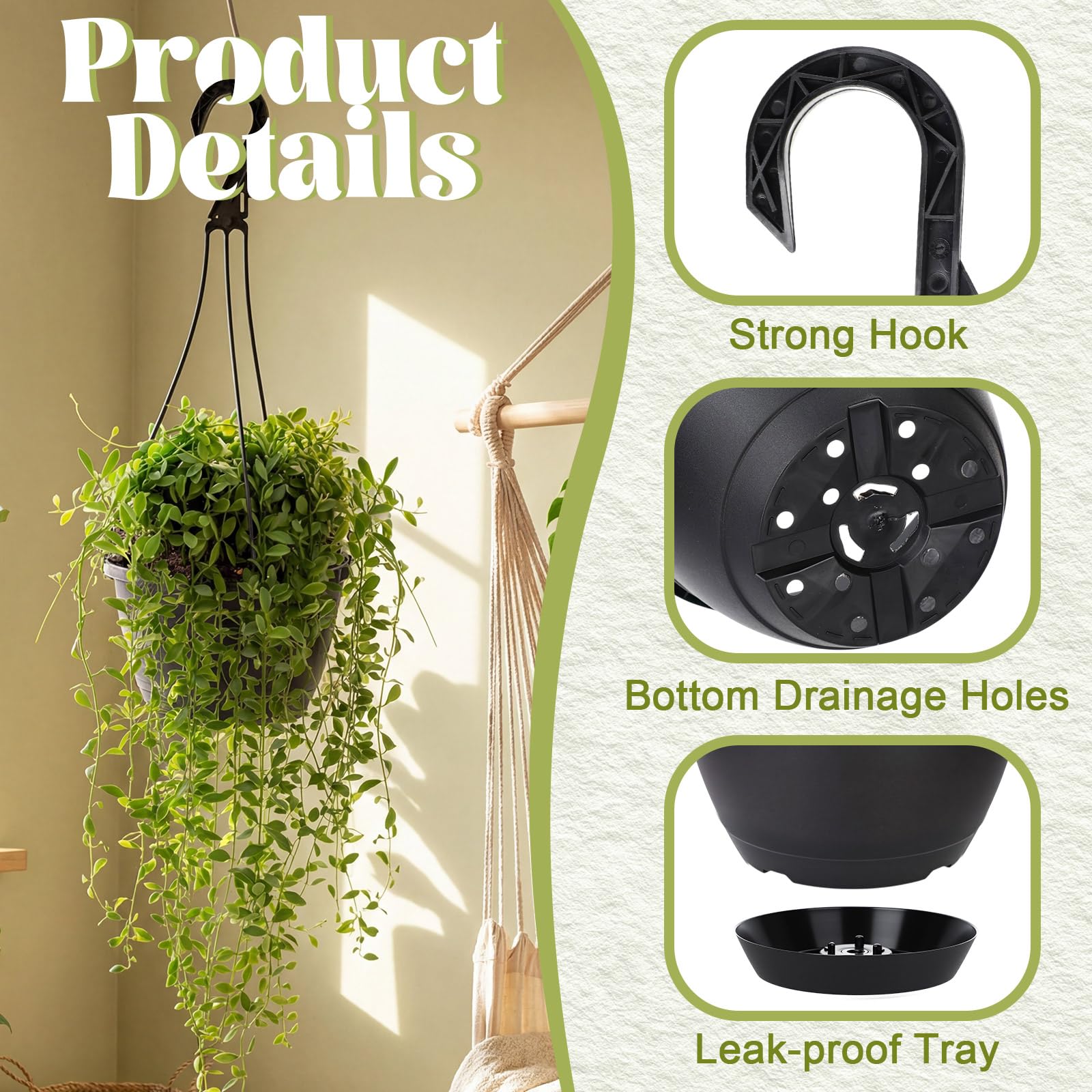 Roshtia Lot de 24 pots à suspendre en plastique de 16 cm pour plantes en vrac avec crochets - Plateau de drainage - Support de pot de fleurs pour intérieur et extérieur - Pour fleurs, jardin, balcon