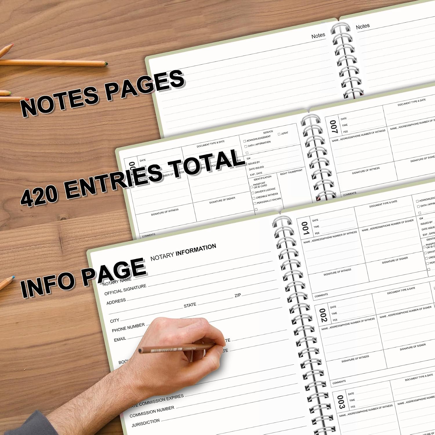 Sysflmygs Notary Journal - Official Notary Public Record Book with Numbered Pages - Notary Journal Log Book for Notarial Acts & Records – Notary Supplies - 420 Entries, Spiral Bound, 7"x10", Green image 4