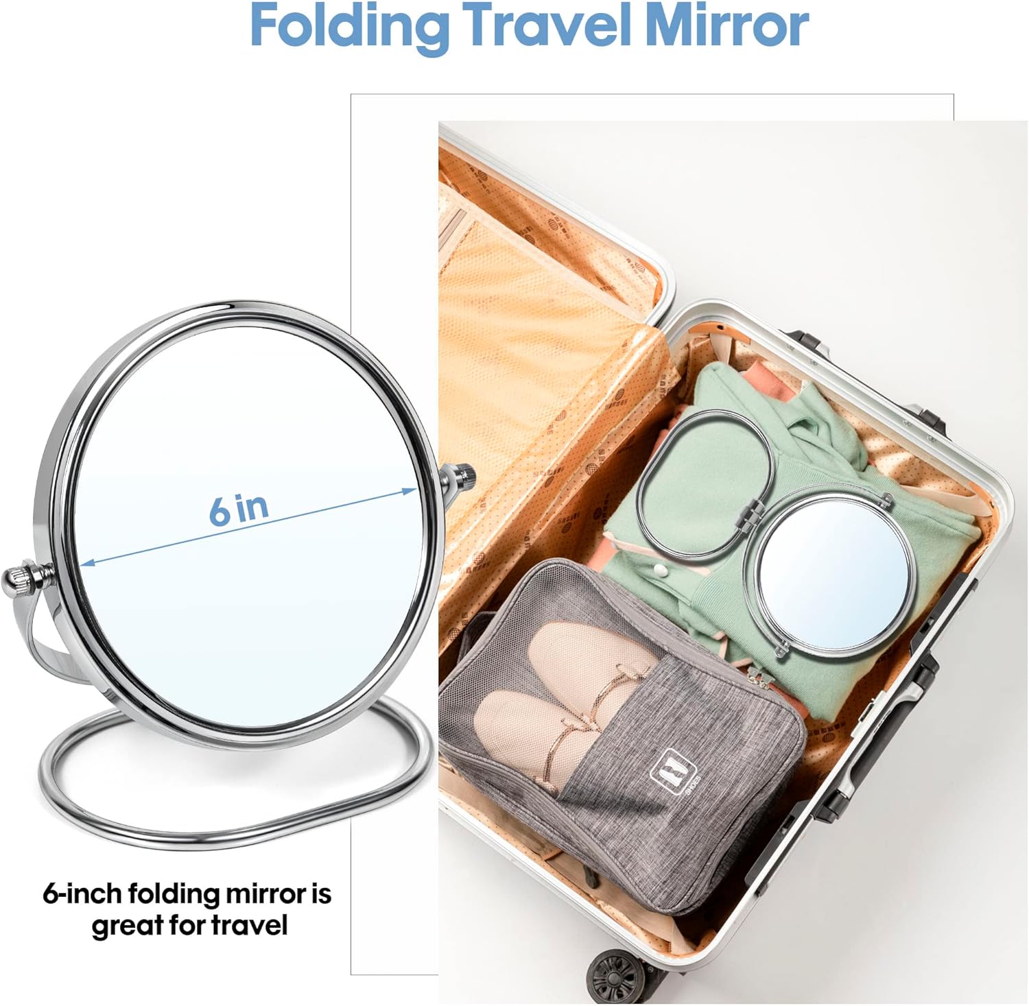 Portable Folding Travel Makeup Mirror,1X/10X Magnifying Vanity Mirror,6” Double-Sided 360° Swivel,Handheld & Wall Hanging Metal Mirror for Home and On-the-Go Use,Travel Storage Bag Included,No Light