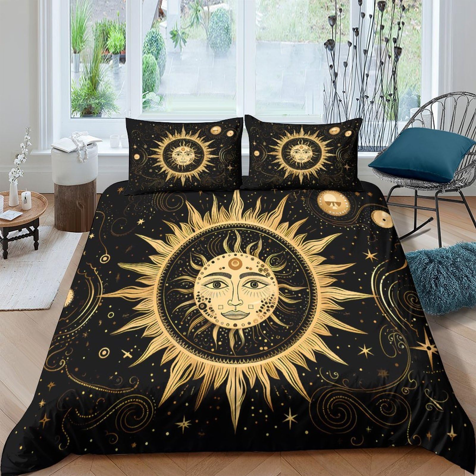GPLZQXKJNH 3D Printed Sun Moon Duvet Cover Set Microfiber Soft Breathable Celestial Quilt Cover with 2 Pillowcases for Bedroom Decor Single（135x200cm）