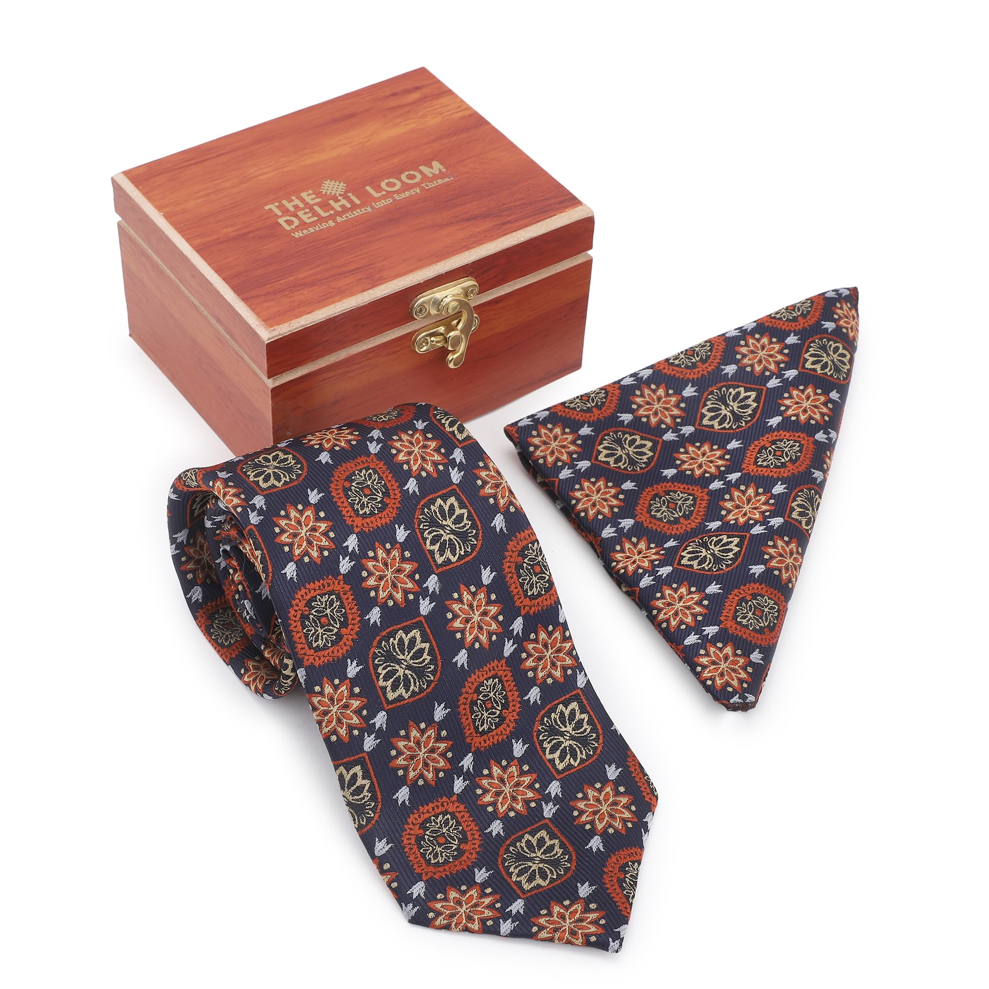 THE DELHI LOOM Men's Imperial Medallion Classic Wide Tie (9 cm) & Pocket Square with Wooden Gift Box | Navy Blue with Rust & Gold Medallion Pattern | Formal, Wedding & Business Wear - Image 4 thumbnail