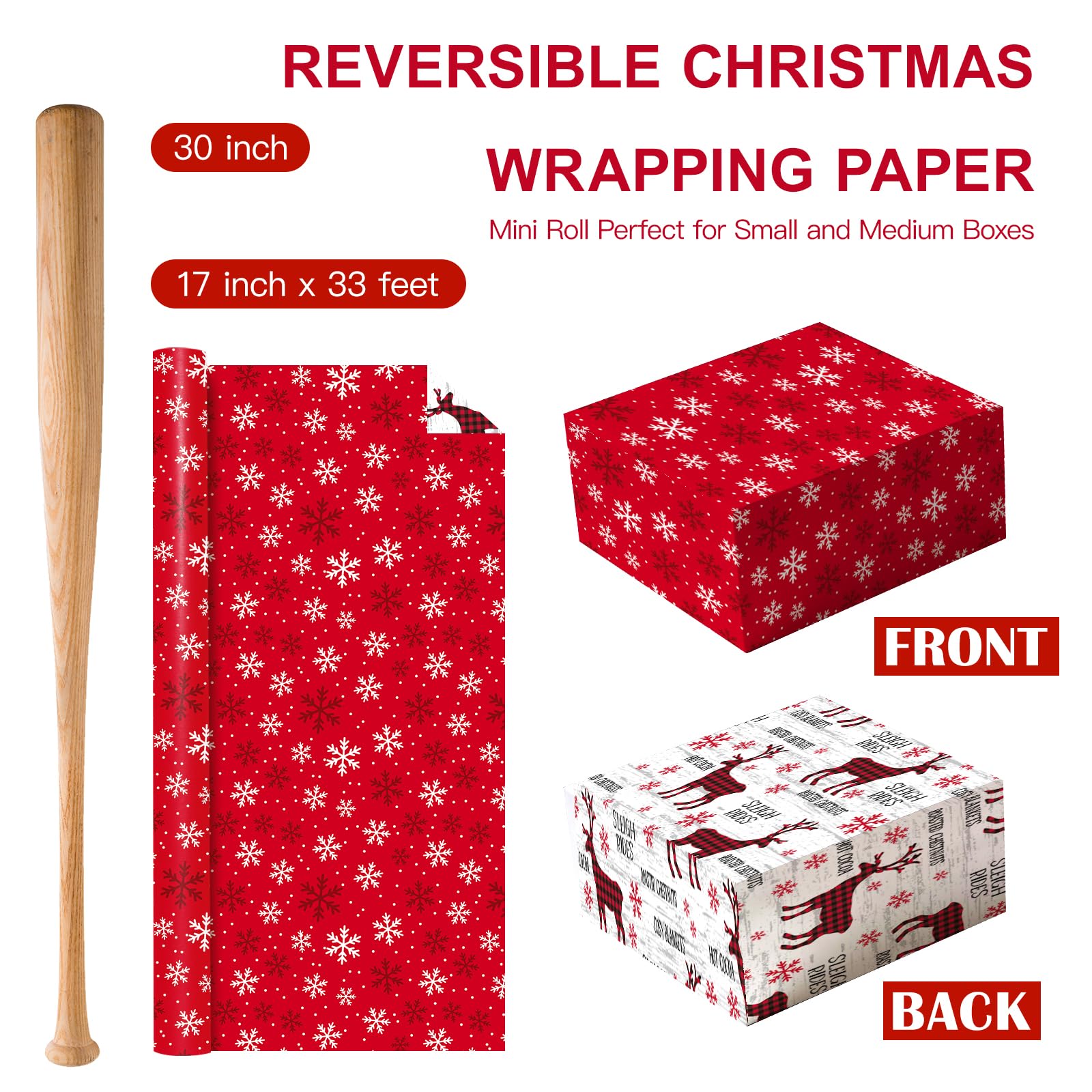 WRAPAHOLIC Papel de regalo reversible de Navidad, mini rollo, 17 pulgadas x 33 pies, diseño de copos de nieve rojos y blancos y renos para vacaciones, fiestas, celebraciones
