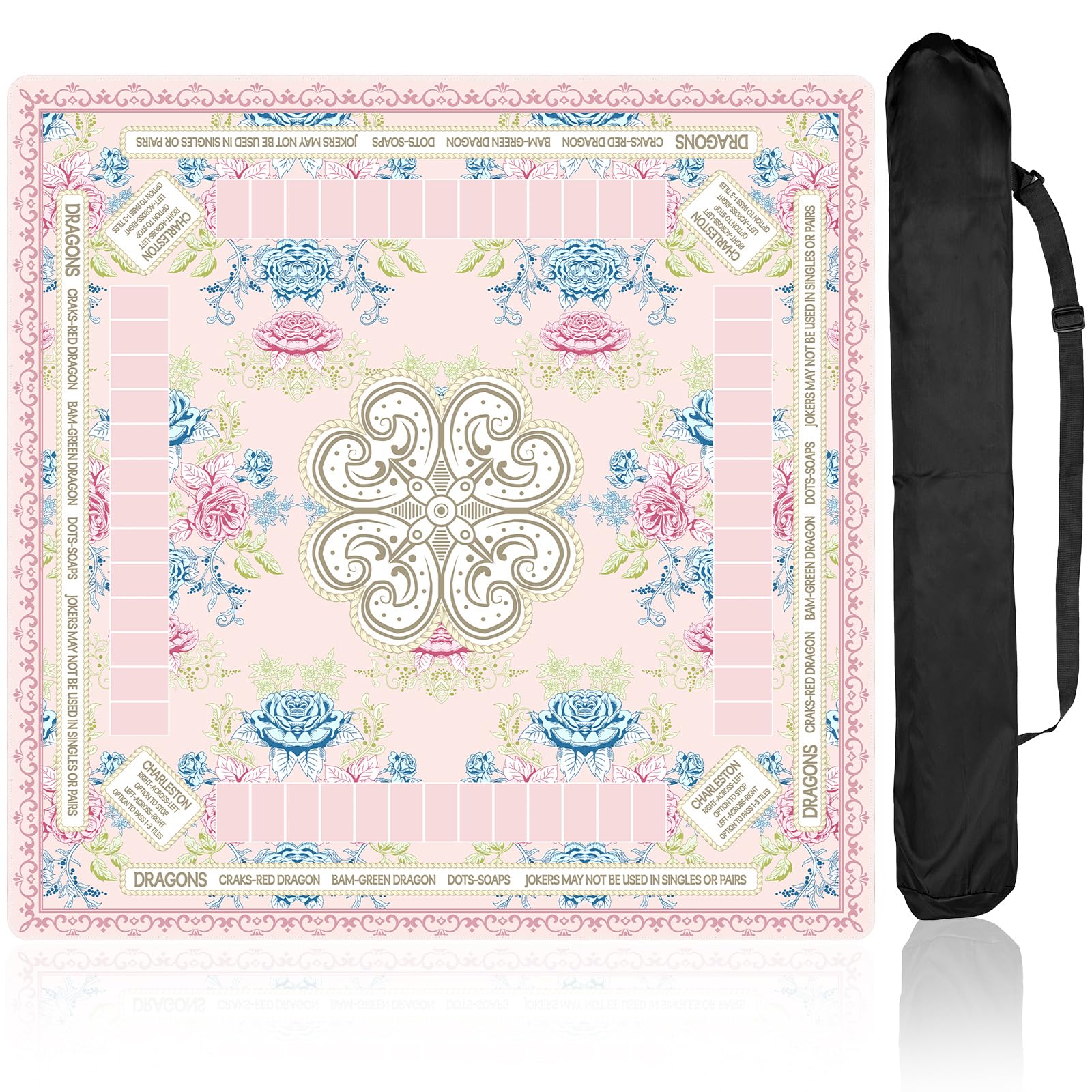 BORNERWHITE Chinoiserie Mahjong Mat with 1 Carrying Bag 31.5" x 31.5" Noise Reduction Non-Slip American Mahjong Mat Multi Purpose Game Table Cover for Poker/Card/Dominoes/Board & Tile Games (Pink)