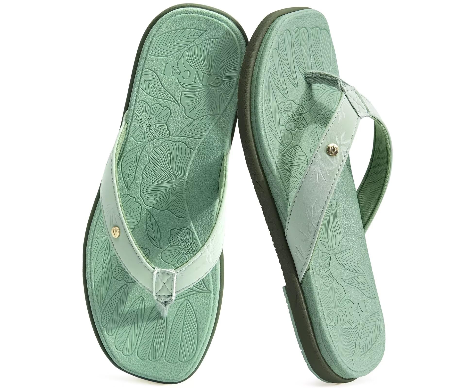 ONCAI Women's Flat Flip Flops Square Thong Sandals with Leaf Printed Summer Beach Daily Casual Dressy Soft Cushion Sandalias Mujer Lightweight Outdoor Waterproof Rubber Sole US Size 6-12