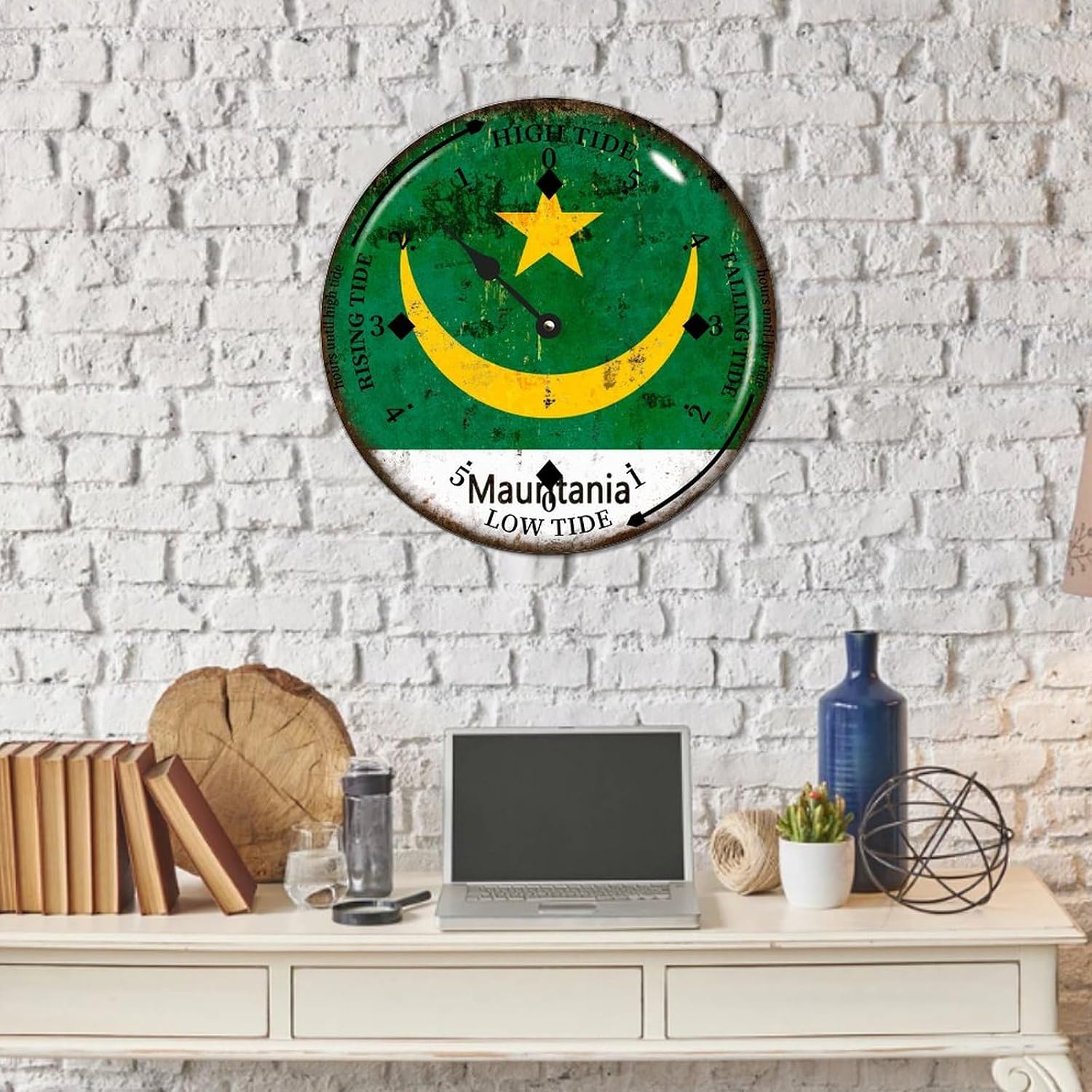 Mauritania National Flag Tide Clock with High Tide Low Tide Mauritania Wood Tidal Clock 15" Non-Ticking Battery Operated Wall Clock Wall Hanging Tide Movement Clock for Beach House