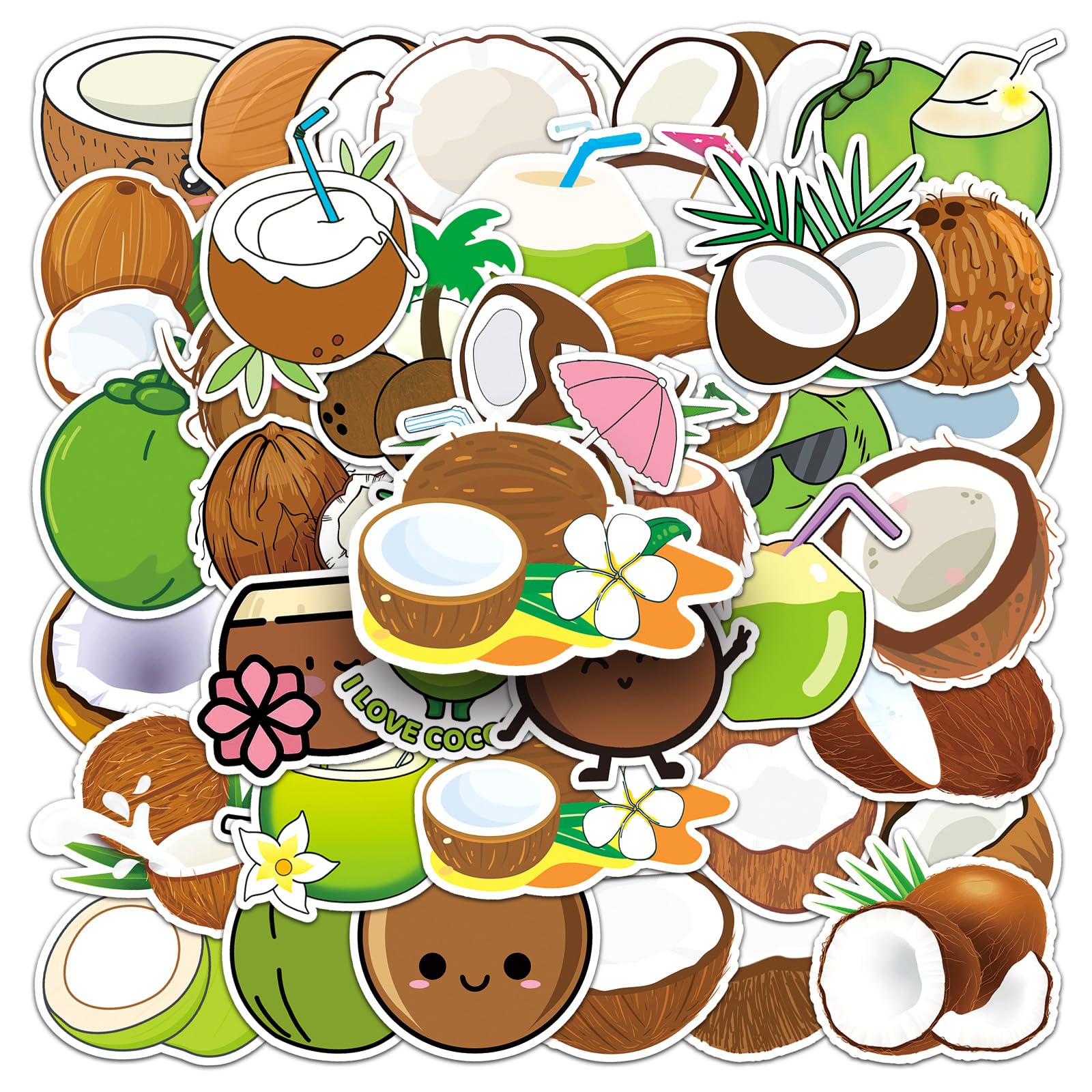 AUCEKO 50 Stück Kokosnuss Aufkleber Pack Coconut Sticker Set wasserdichte Vinyl Sticker für Laptop Kinder Autos Motorrad Fahrrad Skateboard Gepäck Koffer Computer Aufkleber Graffiti Decal