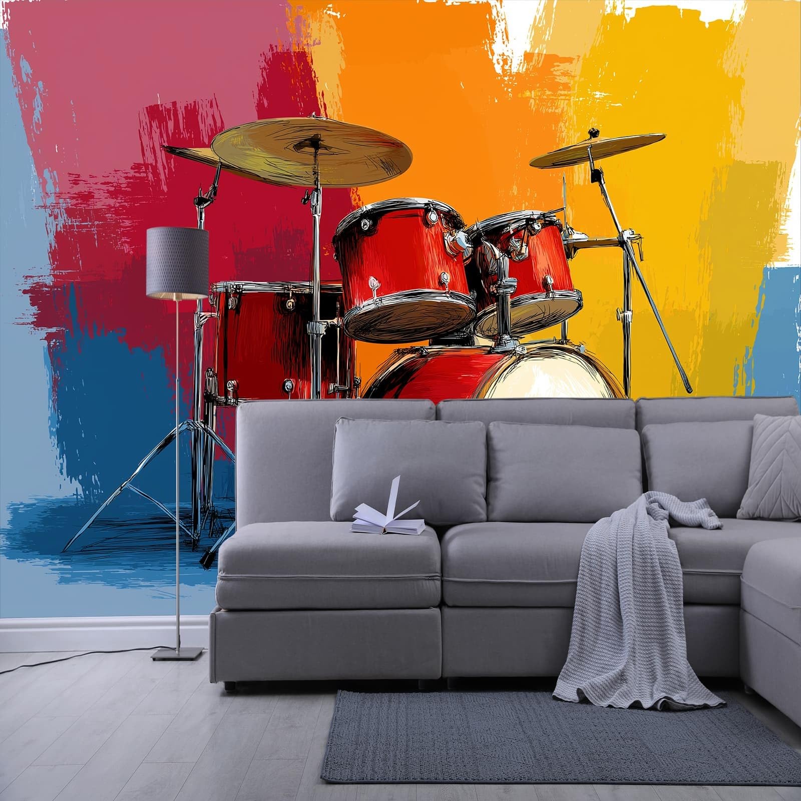 Papel pintado panorámico Dibujos Animados Música Batería, papel pintado estilo pintor extraíble - mural fácil de colocar - Decoración de pared para sala de estar, dormitorio infantil, 350 x 256 cm (L