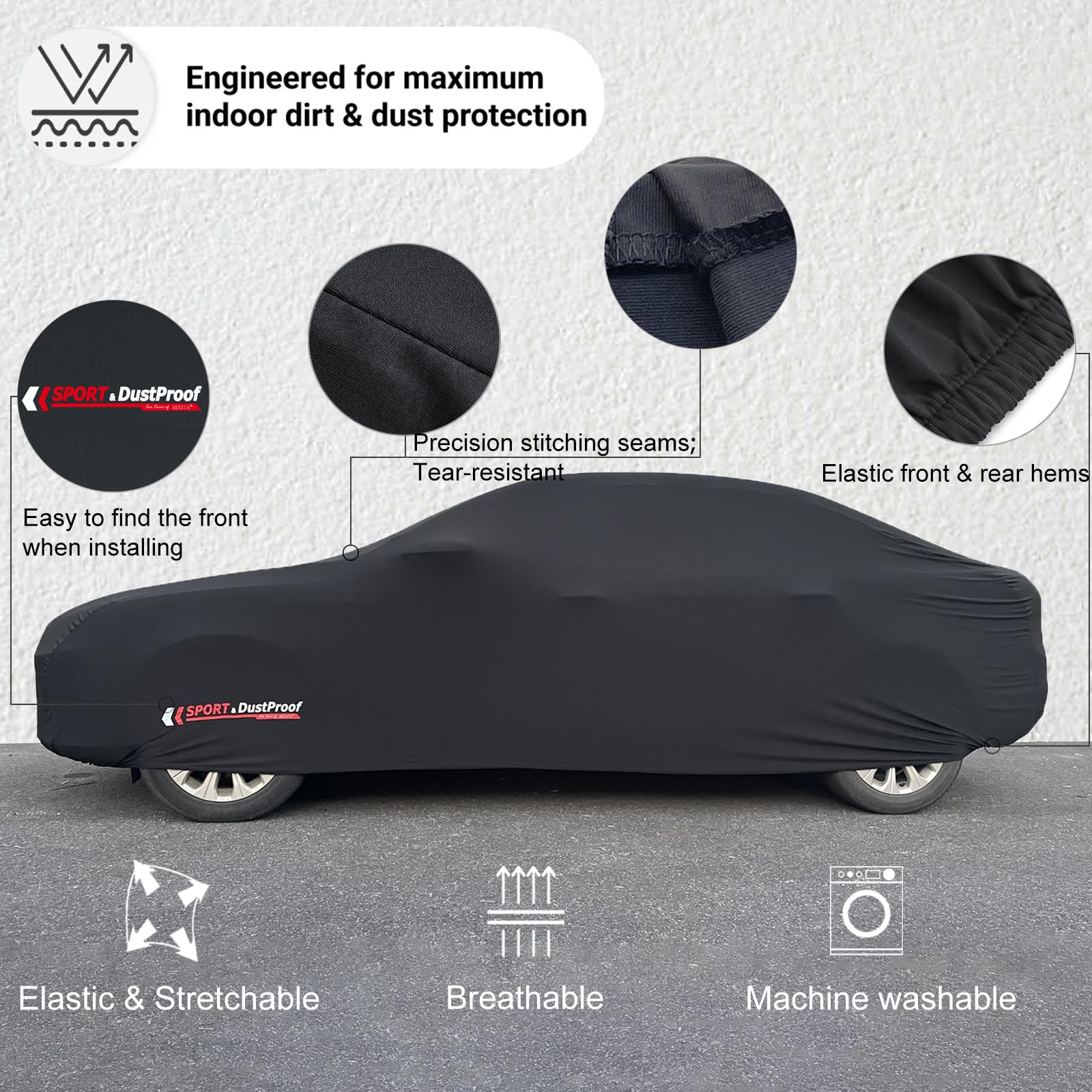 Telo Copriauto da Interno Elasticizzato, Protezione da Sporco e Polvere per Interni di lusso, Fodera Interna morbida, Traspirante, Antipolvere, Coperture Antipolvere Nere per Berline-L