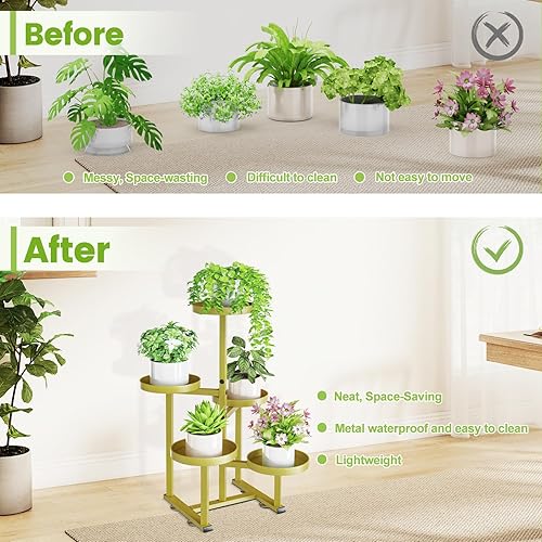 Miniatura 5 de Soporte para plantas de 5 niveles dorado para interiores y exteriores, estante esquinero de metal para múltiples plantas, soporte para macetas,