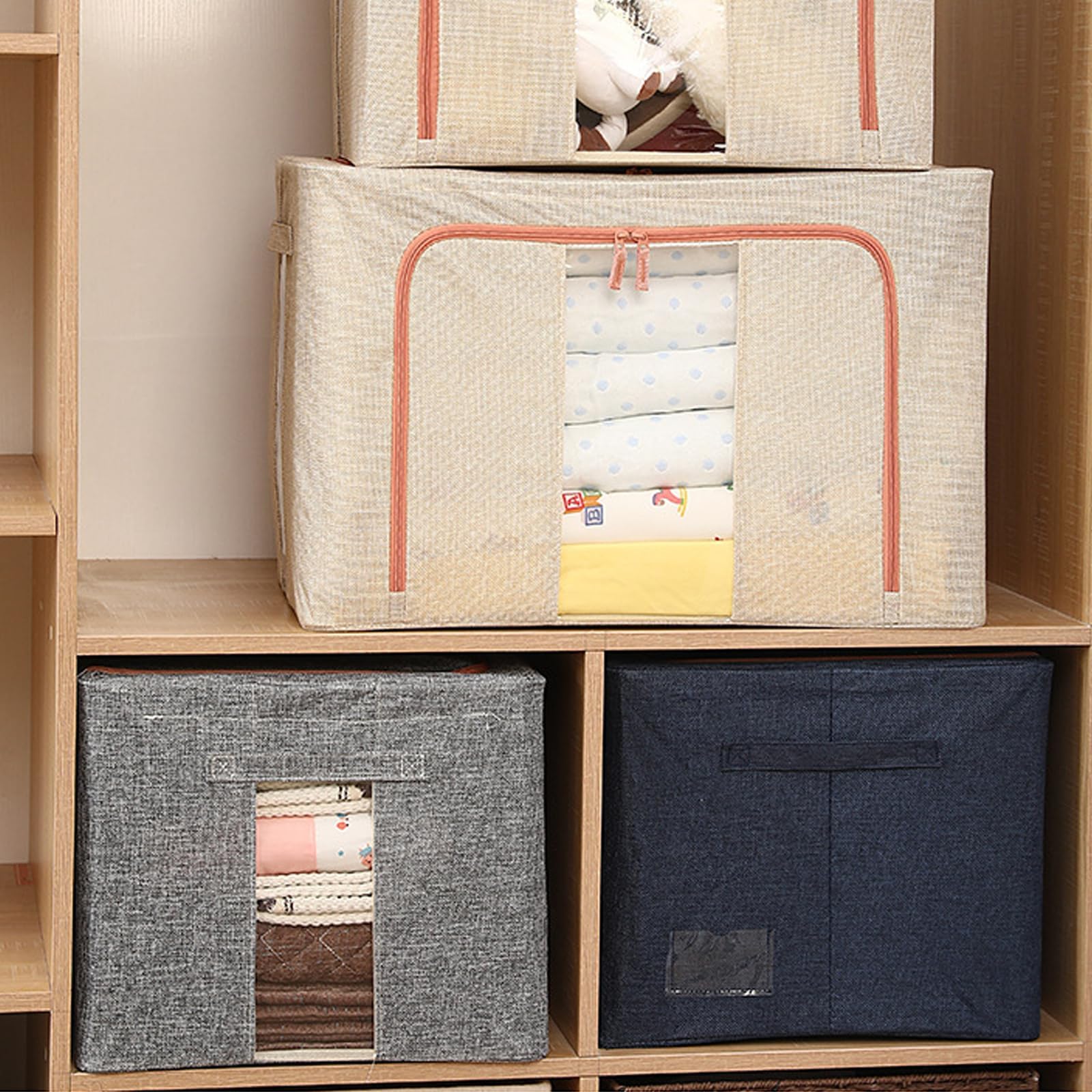 3Pcs Beige Boite de Rangement Vetement avec Cadre en Métal,24L Boîte de Rangement Pliable,Organisateur Placard,Rangement Sous Lit,Boîtes Rangement pour Vêtements pour Organiser Les Chambres,Armoires