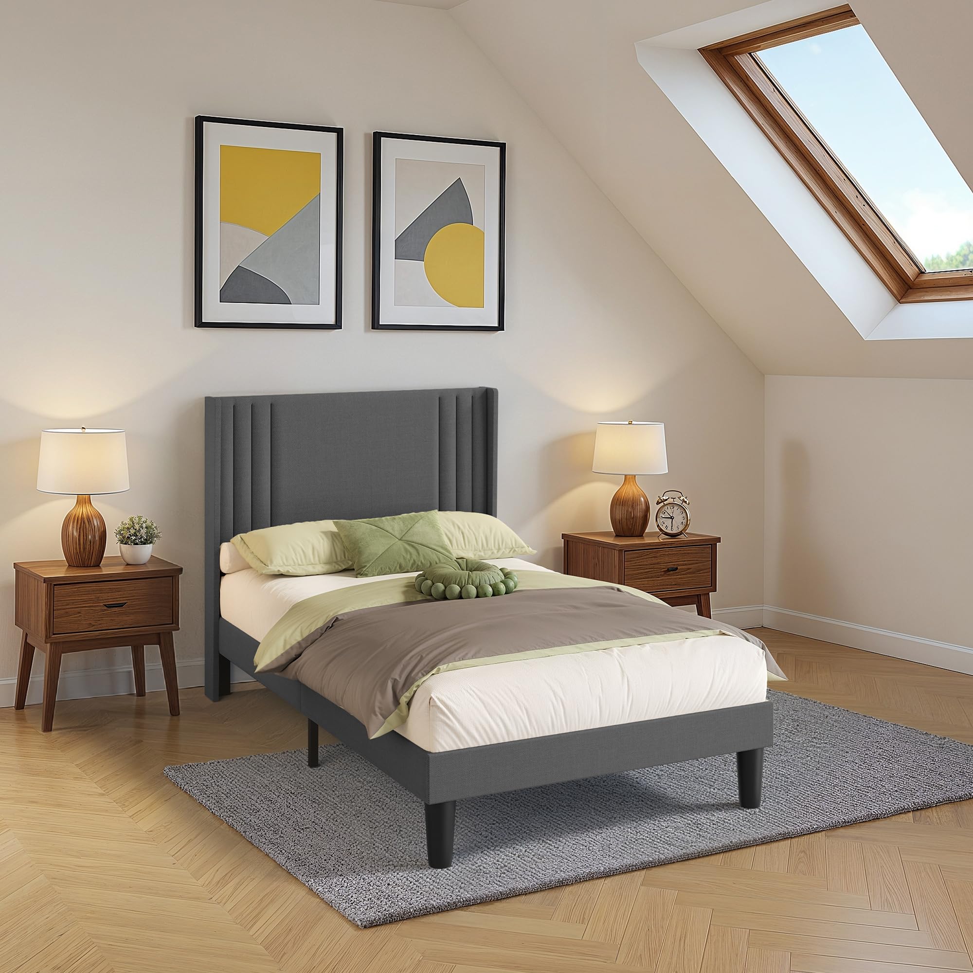 Cama Tapizada 120 x 200 cm, con Cabecero Acolchado y Somier de Lamas de Madera，Espacio bajo la Cama,Montaje Fácil,Cama para Dormitorio de Adultos o Invitados,Gris Oscuro