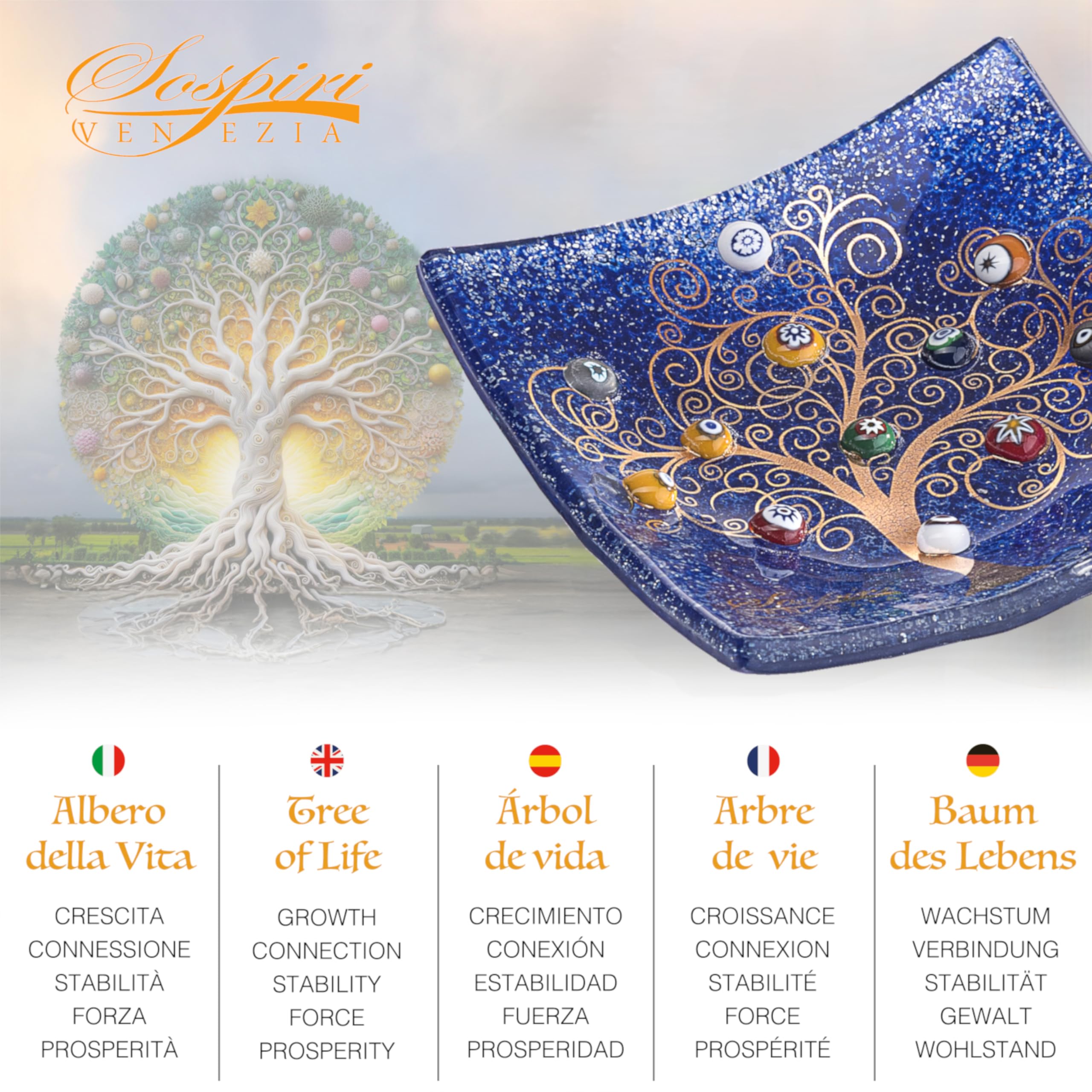 Sospiri Venezia Svuotatasche Albero della Vita in Vetro di Murano Murrine e Oro Idea Regalo Piatto Vassoio Decorativo Made Italy Portaoggetti Soprammobile Bomboniere Cerimonia 14x14 cm