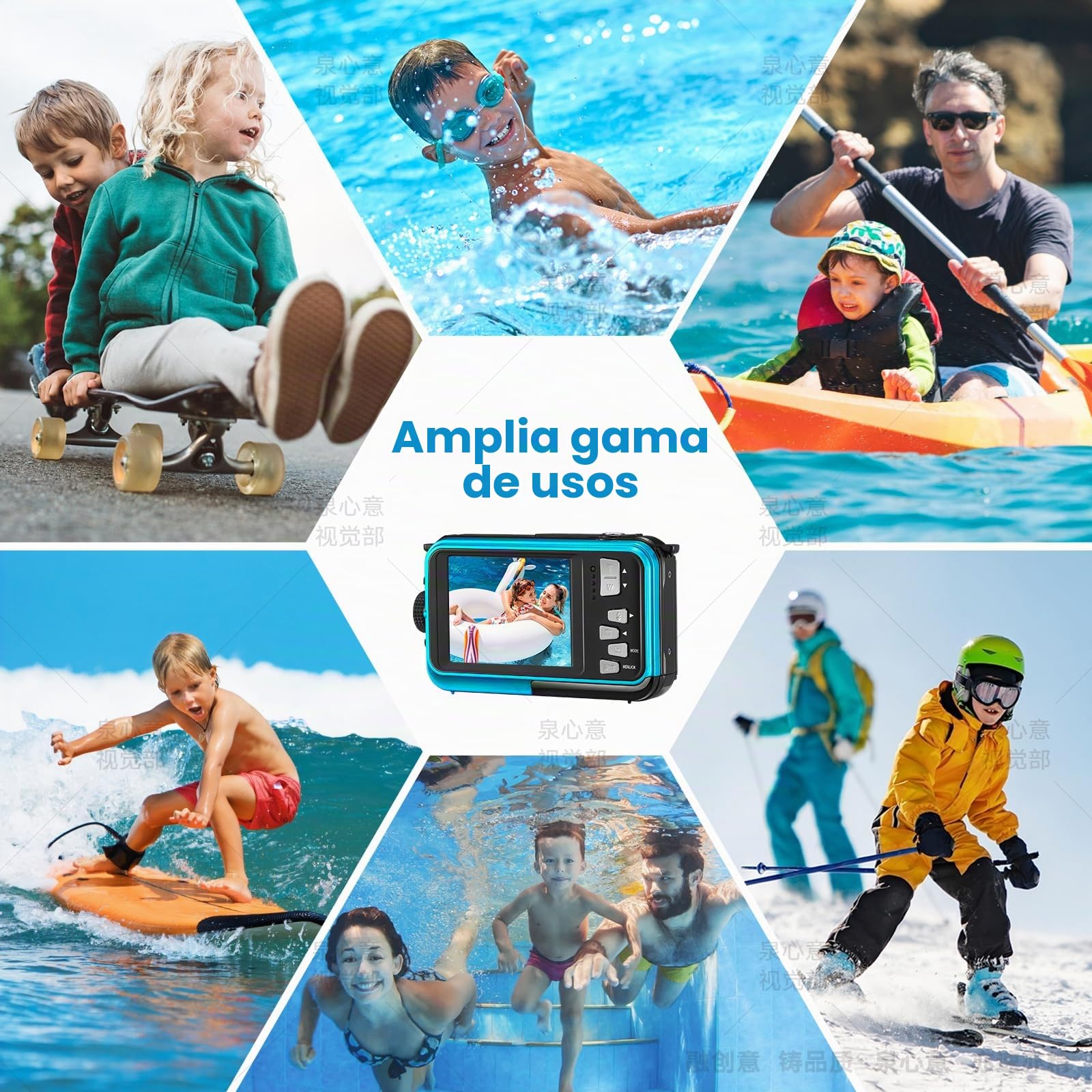 Cámara Digital Impermeable, Cámara Submarina HD 2.7K 48MP con Doble Pantalla para Buceo 3M para Nadar, Zoom Digital 16X Anti-Vibración, Azul