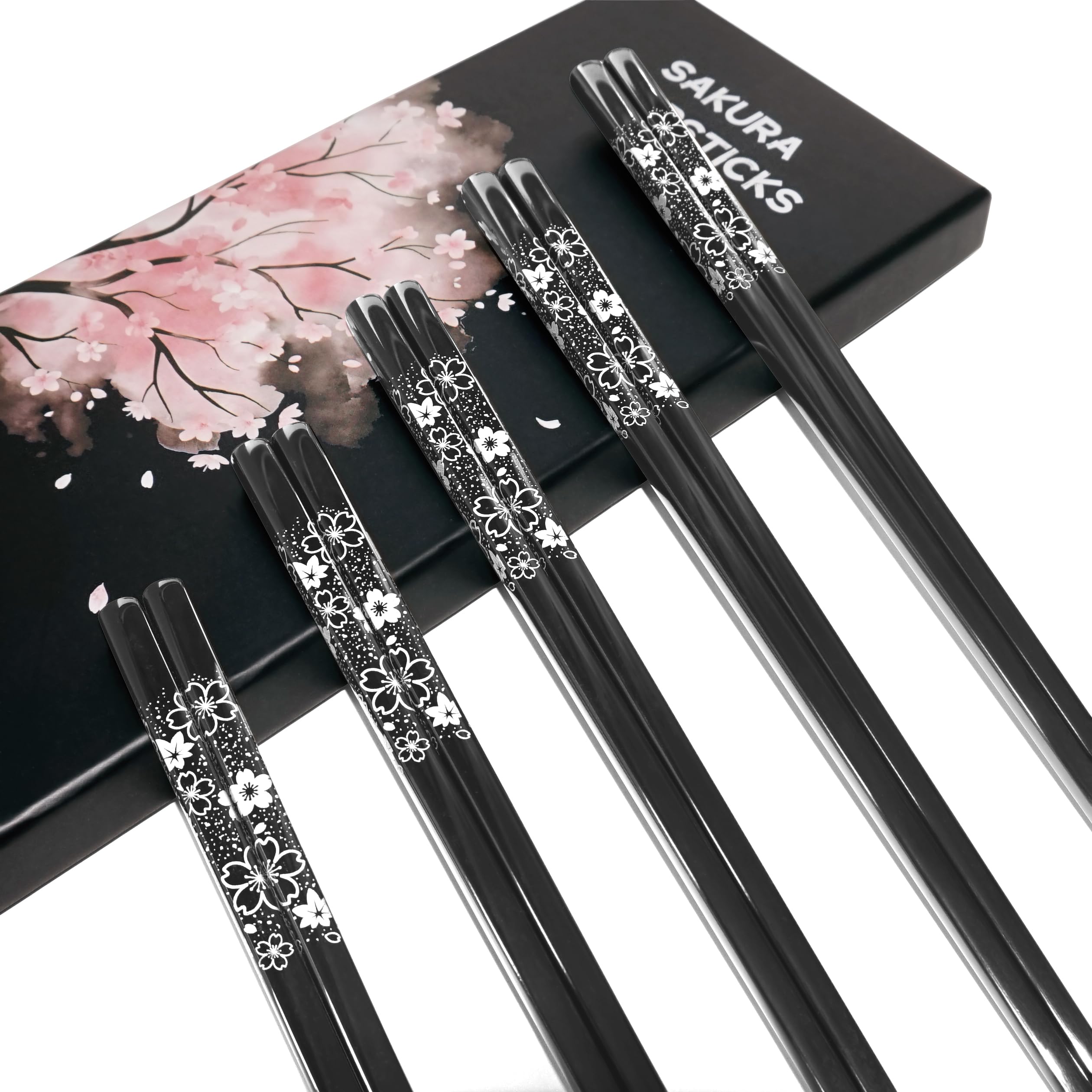 TIAKO Set di 5 paia di bacchette in fiore di ciliegio nero, acciaio inossidabile 18/8 di alta qualità, elegante confezione regalo, design giapponese Sakura per sushi, sala da pranzo asiatica e