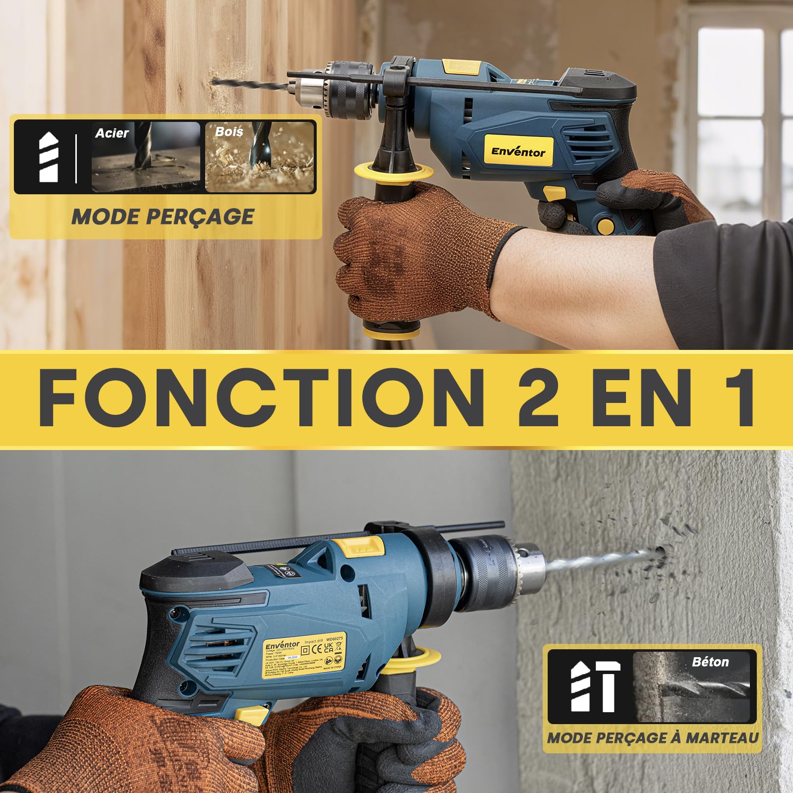 Enventor Perceuse à Percussion Filaire 750W, Perceuse électrique avec 9 Forets, Fonction 2 en 1, variateur de vitesse électronique, poignée pivotante à 360°, pour Béton, Métal et Bois