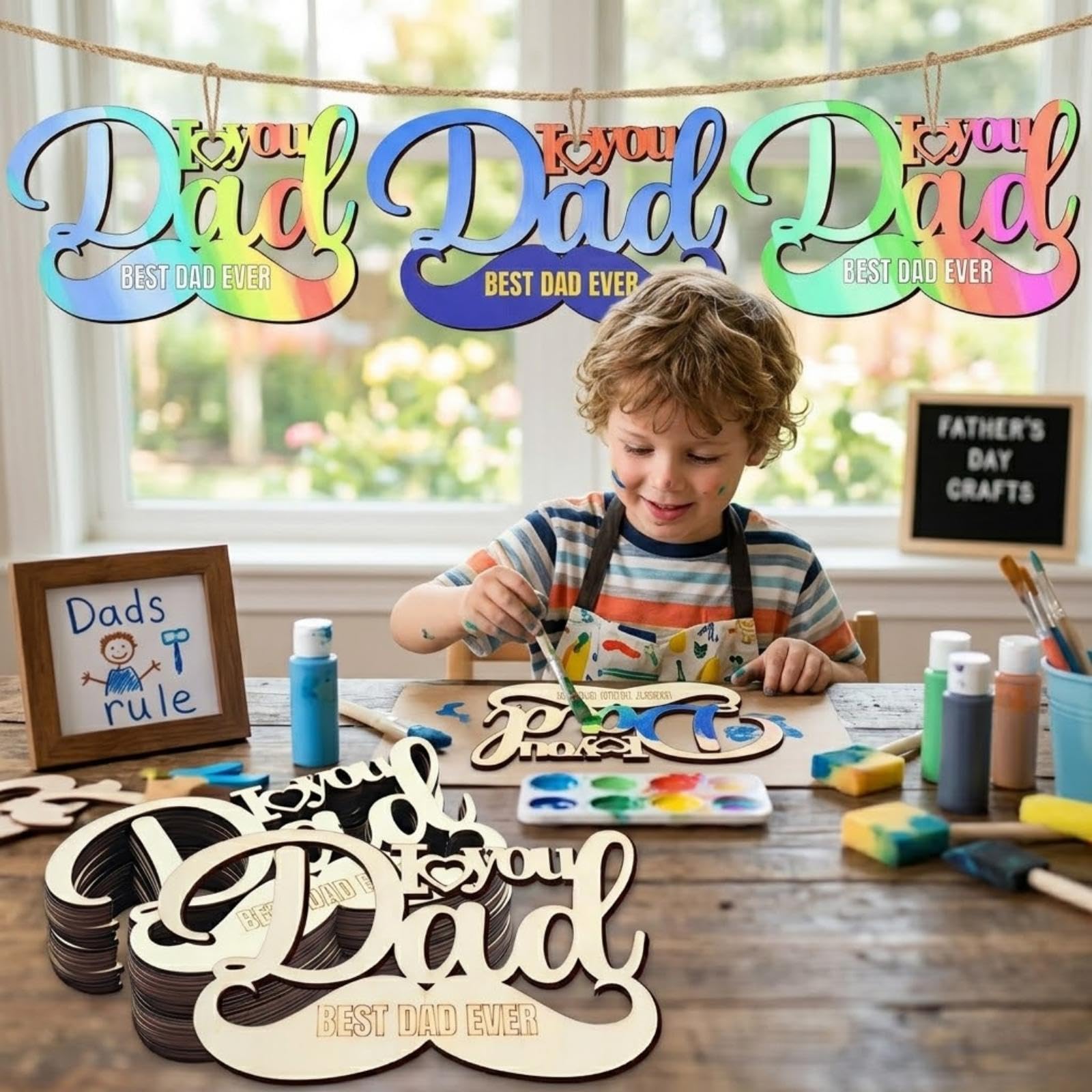 12 Pcs Happy Fathers Day Crafts for Kids- Father's Day Unfinished Wooden Crafts,Wooden Dad Ornaments Hanging Party Decorations,DIY Activities School Home Classroom for Father's Day Crafts Gift - Image 7