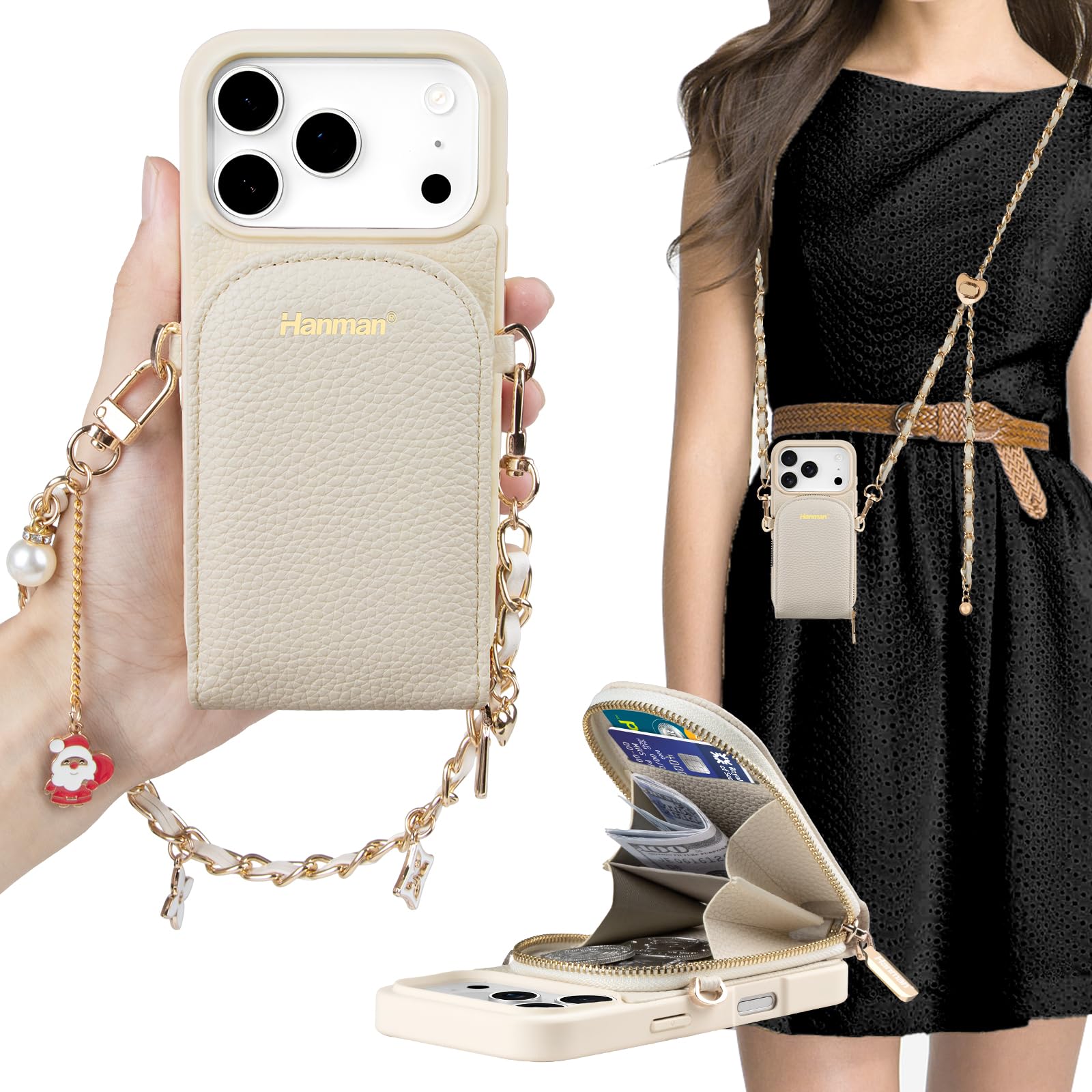 Hanman Funda tipo cartera cruzada para iPhone 17 Pro, piel sintética con bloqueo RFID, cierre de cremallera, adecuada para iPhone 17 Pro, funda de piel sintética de microfibra para mujeres y niñas