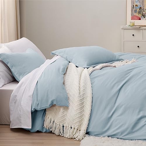 Vista 354 de Bedsure Funda de edredón azul pizarra tamaño Queen – Juego de ropa de cama extra suave prelavada similar al algodón, incluye 1 funda de edredón