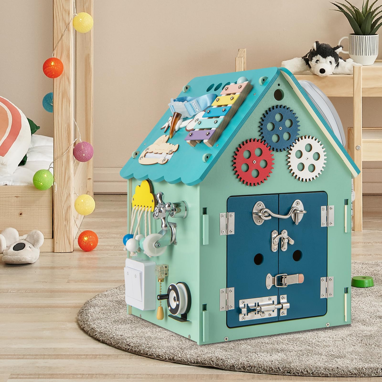 FANTASK Domek do zabawy dla dzieci z drewna, edukacyjny domek z zabawkami i miejscem do przechowywania, sensoryczna zabawka edukacyjna Montessori do motoryki precyzyjnej, kostka do aktywności dla