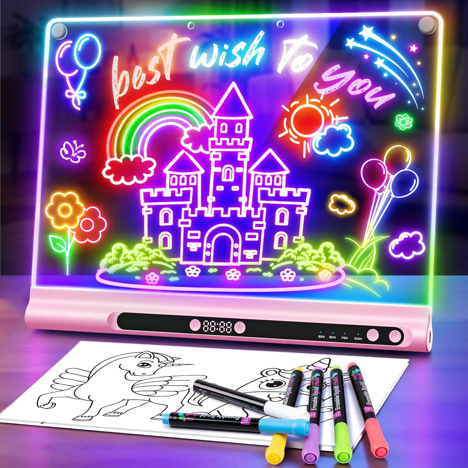 16“ Rechargeable LED Drawing Board, 9-Color Light Modes with Timer & Built-in Stand, Neon Art Dry Erase Glow Up Doodle Note Pad, Sketching Gift Toy for Kids/Girls/Teens, 6 Markers & Tracing Book
