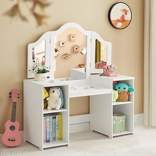 Miniatura 7 de Kovhzcu Vanity - Gabinete de almacenamiento de maquillaje de princesa 2 en 1 con parte superior desmontable, juego de tocador para niñas con espejo