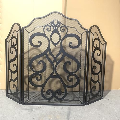 Miniatura 5 de Protector de pantalla para chimenea extra alto de 36.6 in, puerta de hierro forjado resistente para combustión de leña/carbón, 3 paneles