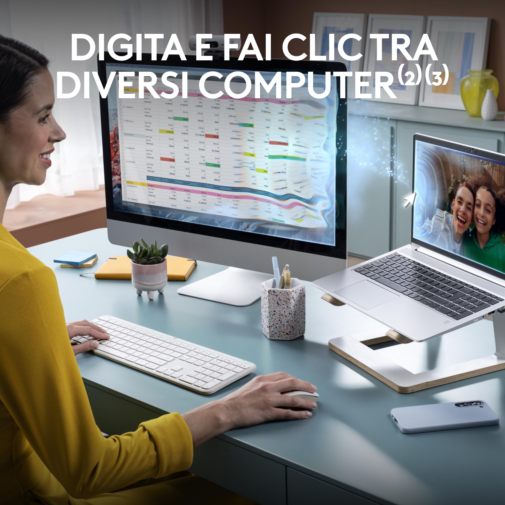 Logitech MK950 Signature Slim wireless tastiera e mouse Kit con di digitazione silenziosi, switch tra tre dispositivi, Bluetooth, più sistemi operativi, Windows, Mac, Layout Italiano QWERTY, Bianco