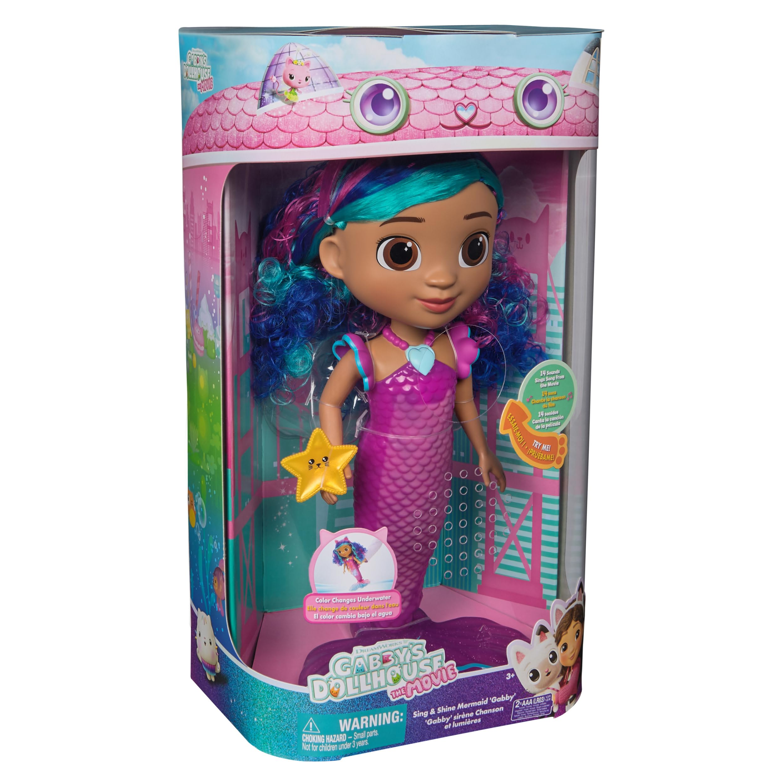 Gabby's Dollhouse The Movie, Sirena Gabby Che Canta e Si Illumina, 3+ Anni | Altezza Oltre 35,5 Cm, 14 Suoni Frasi e Musiche, Ciondolo a Cuore, Corpo Luminoso, Coda Pieghevole, Impermeabile