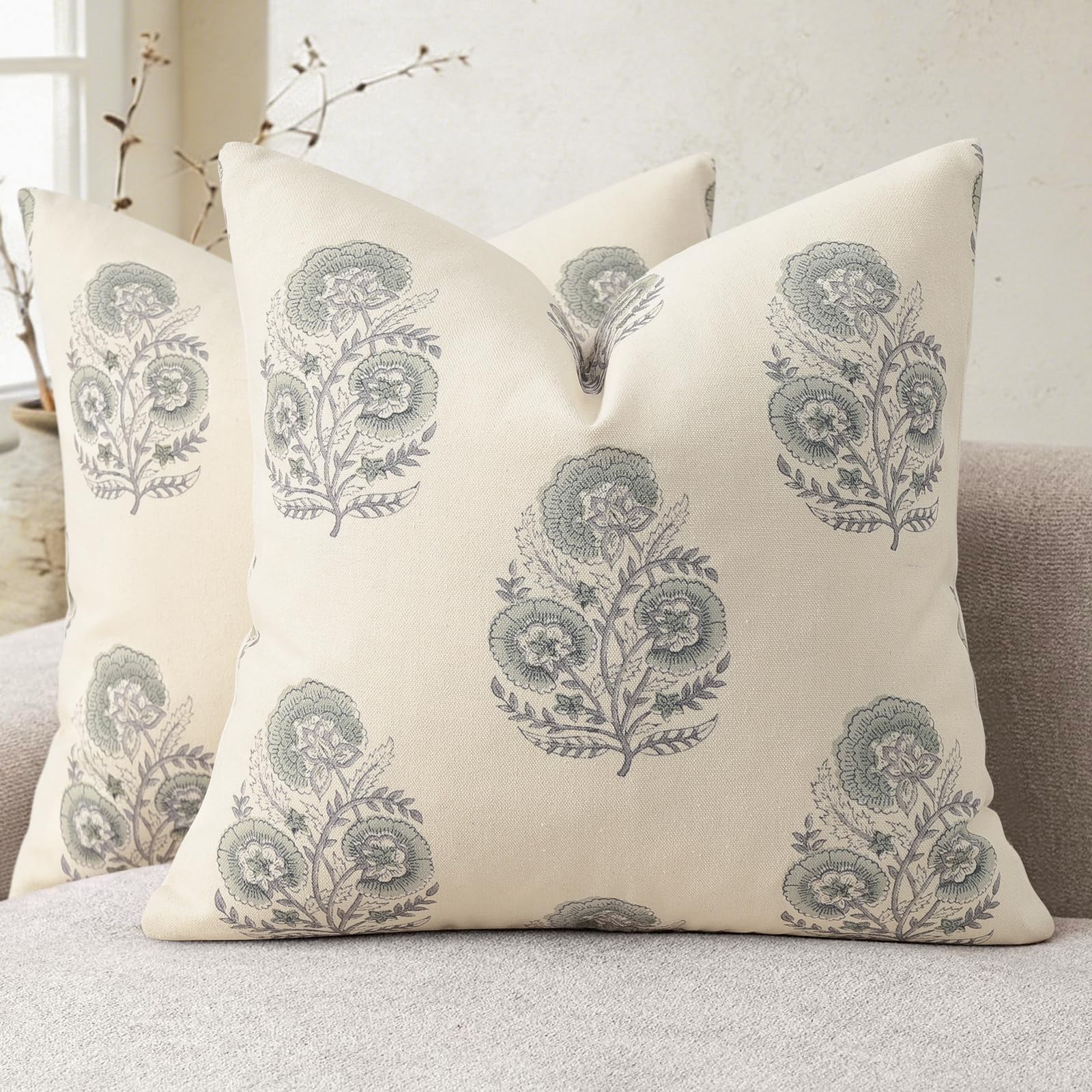 YCOLL Vintage Floral Print Cushion Covers 40x40 Set of 2 Patterned Accent Sofa Cushions Modern Farmhouse Decorative Cushions for Sofa Chair Bed Living Room Home Decor Aqua Haze