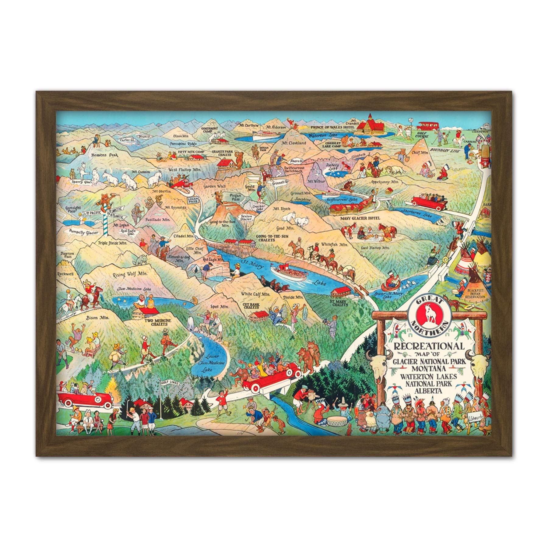 Artery8 Map Scheuerle 1925 Glacier National Park Montana USA Artwork Framed Wall Art Print 18X24 Inch