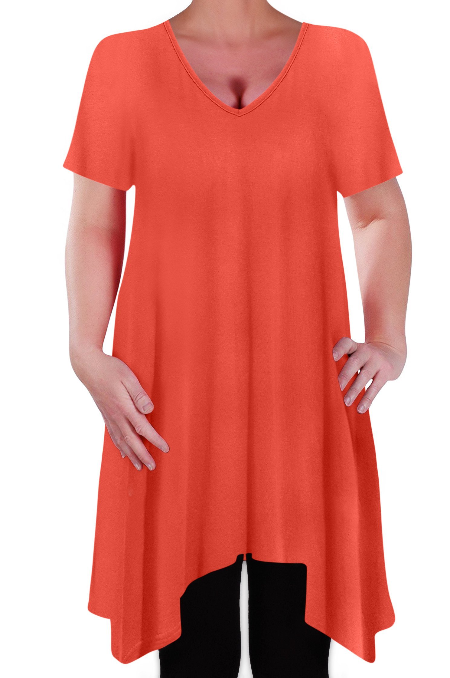Eye Catch Women's Orange - Olivia Casual V Neck Long Tunic Uneven Hem Plus Size Flared Top Size 18