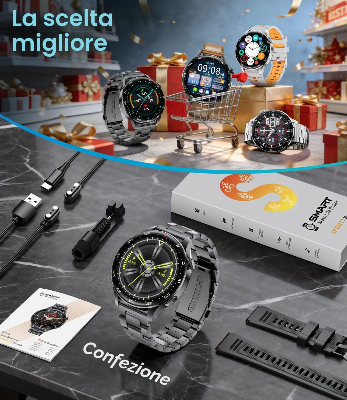 Smartwatch Uomo con Chiamate Bluetooth, 1,7" Ampio Schermo con Torcia a LED/800 mAh/Impermeabile IP68/100+ Modalità Sportive/Monitor Frequenza Cardiaca/Sonno per Android e iOS, Silicone Nero