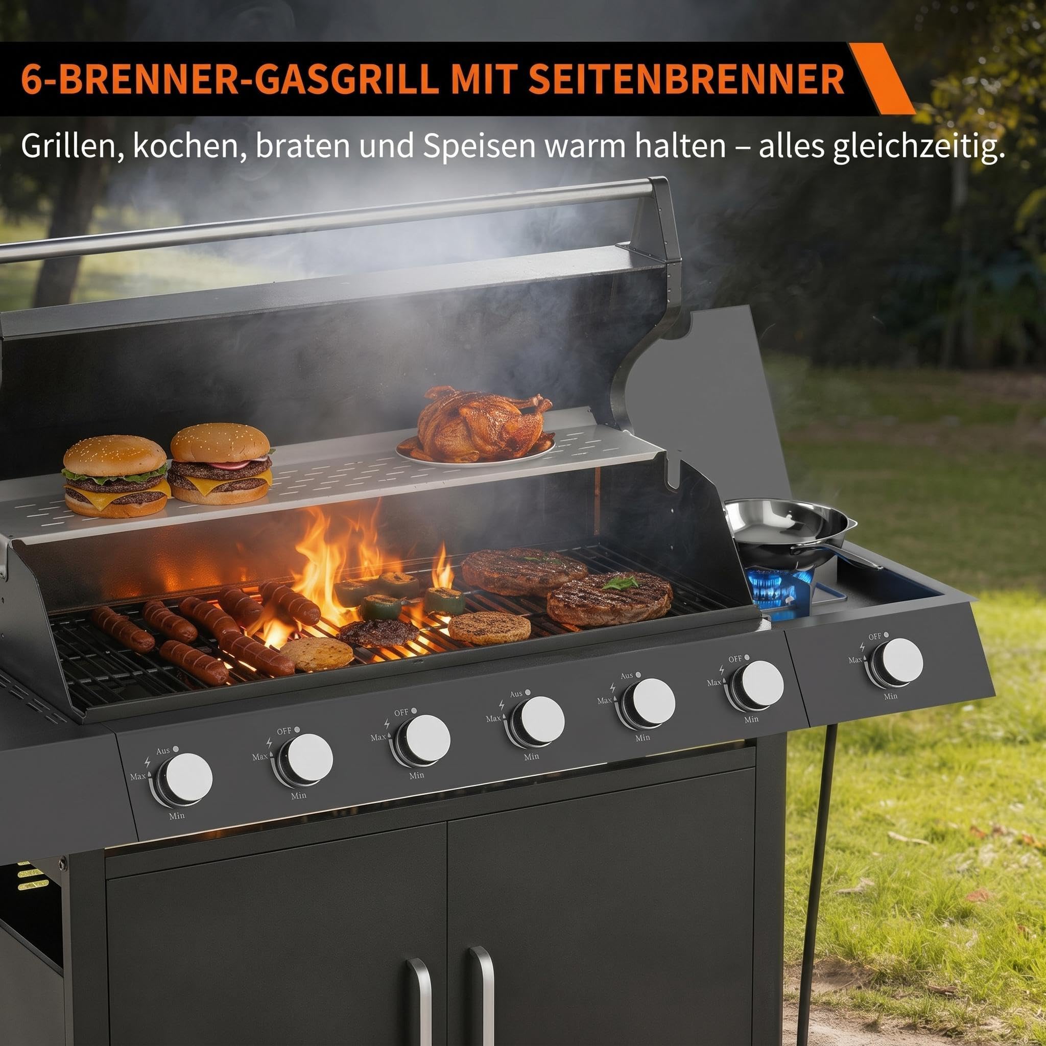 Garvee Gasgrill Mit 6+1 Brennern, 60.000 BTU, Seitenbrenner & Unterschrank | Edelstahl Gusseisenroste Warmhalterost Thermometer Rollen – Wetterfest für Garten & Terrasse