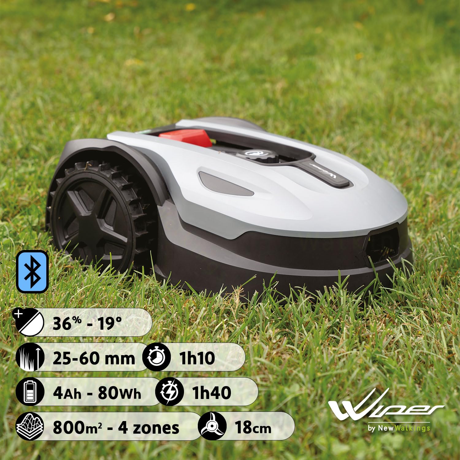 WIPER Pop-8S Robot Tondeuse | 800m2 | 4 Zones gérées | Récepteur Bluetooth | 3 Lames | Capteur de Pluie | Fil périmétriq — vue 2