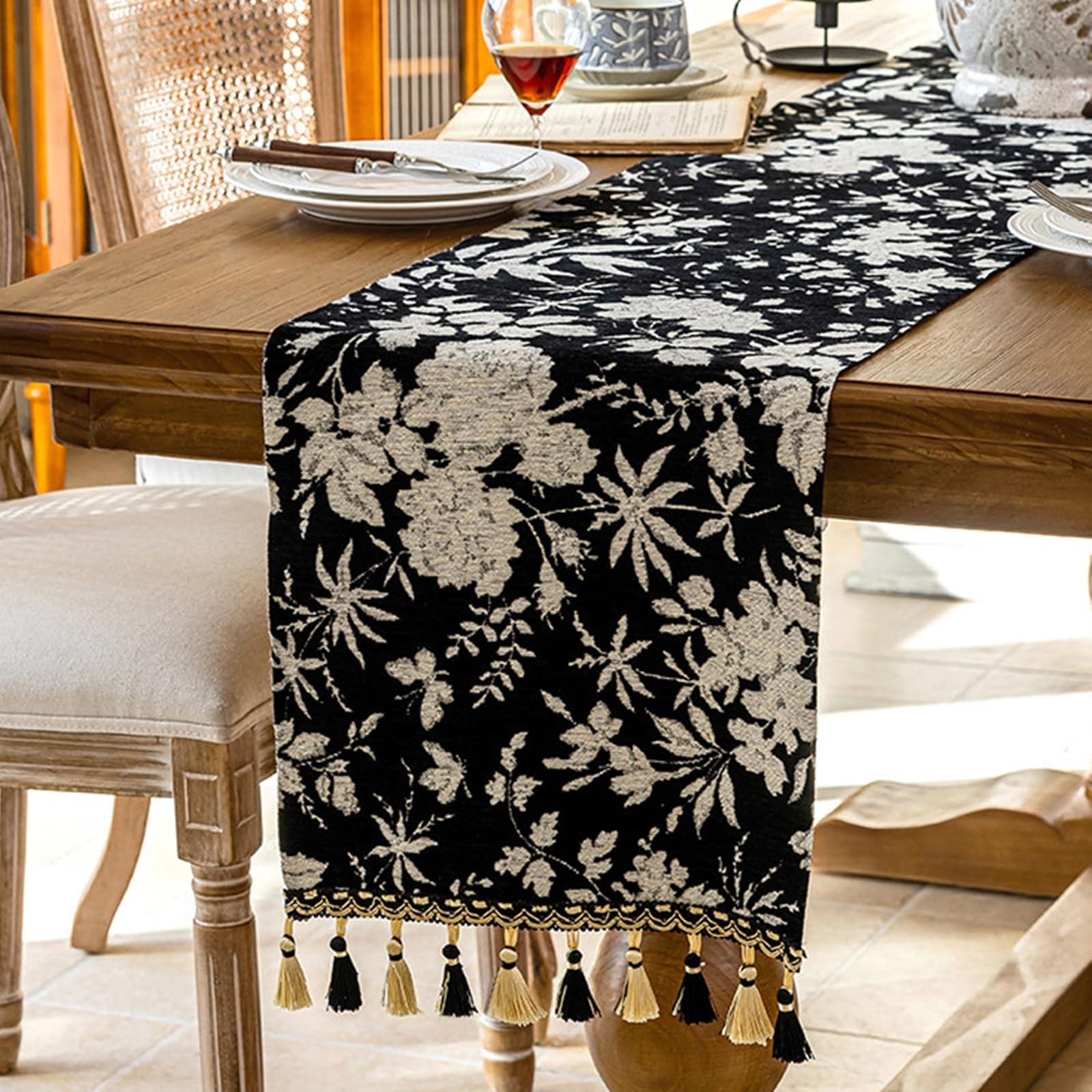 Tischläufer Hochzeit Polyester, Tischläufer Modern 35x210 cm, Leinenoptik mit Jacquard Aus Blättern und Blumen