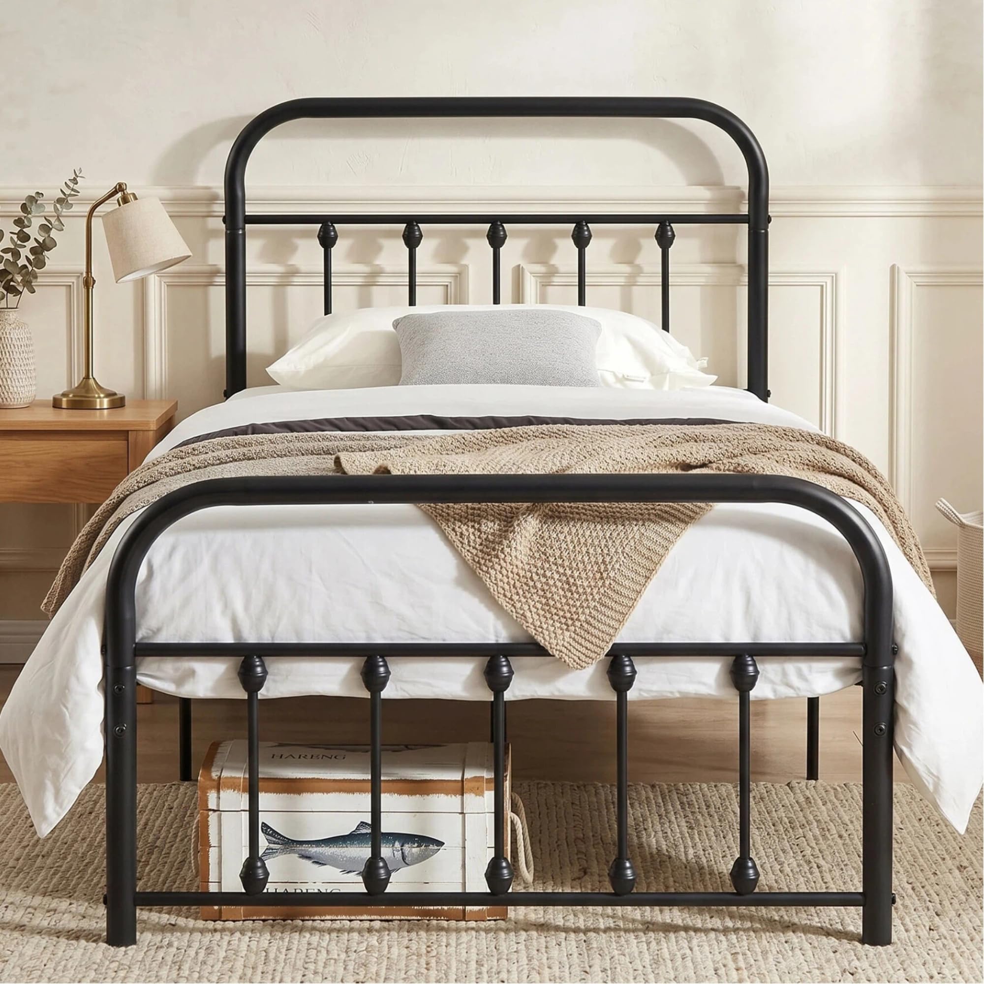 VECELO Black Metal Bed Frame Twin Size with Vintage Headboard and Footboard