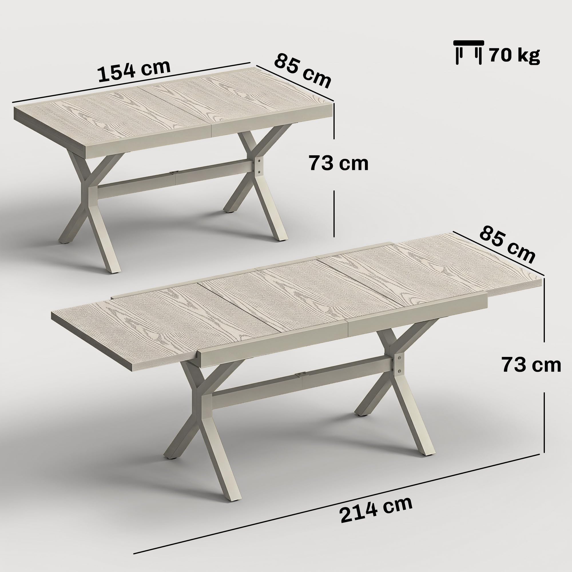 Outsunny Tavolo da Giardino Allungabile per 8-10 Persone 154/214x85cm, Tavolo da Pranzo Estensibile Esterno Alluminio Piano Effetto Legno, Gambe a X Acciaio per Patio Terrazzo Balcone, Grigio Argento