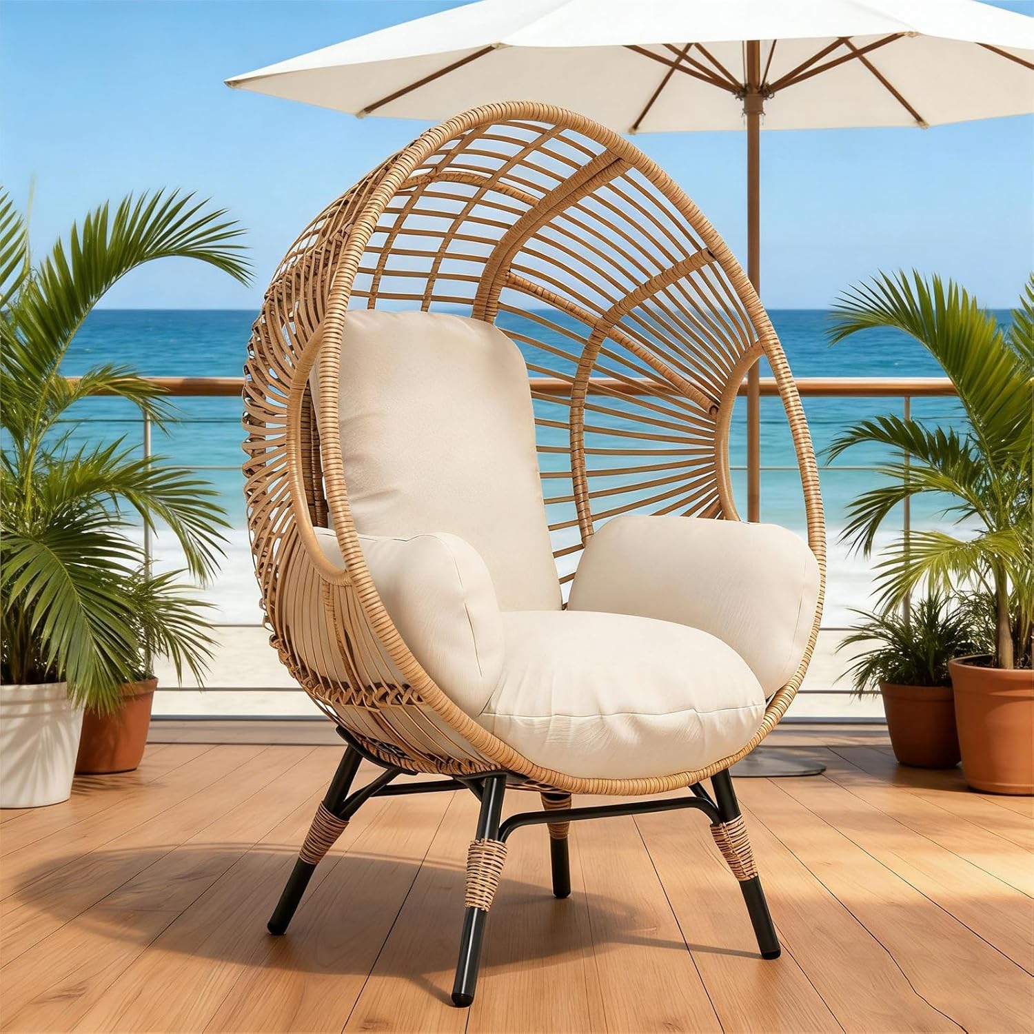 Balcony Chairs Wicker Egg Chair, Indoor Outdoor Use, 400lbs Capacity, Weather-Resistant PE Rattan(Natural)