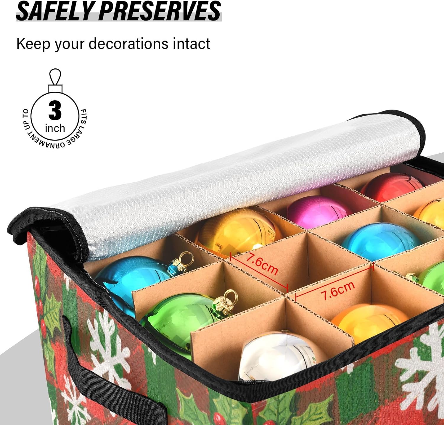 High Capacity Christmas ornament organizer Holds Up to 64, Adjustable Dividers, Zippered Top, Two Handles Large Holiday Storage Case with Lid,Merry Christmas White Snowflakes Holly