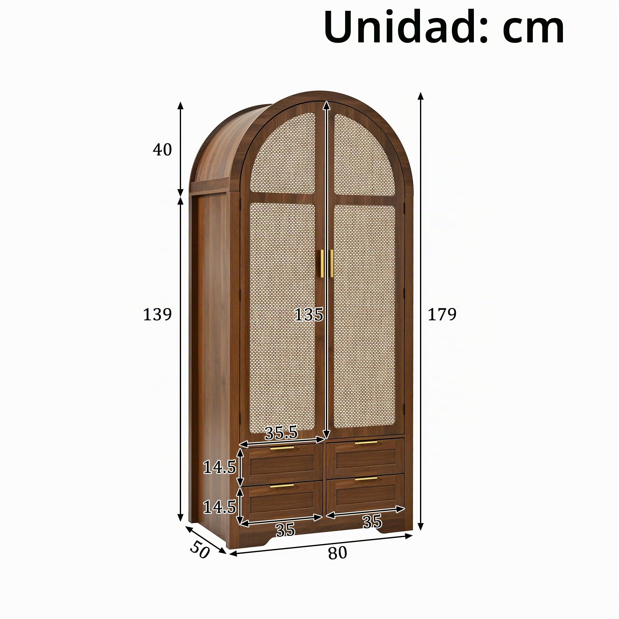 Azkoeesy Armario moderno con forma de arco, puertas con aspecto de ratán, 4 cajones, tiradores dorados, 80x50x179 cm, para dormitorio y pasillo (Nogal)