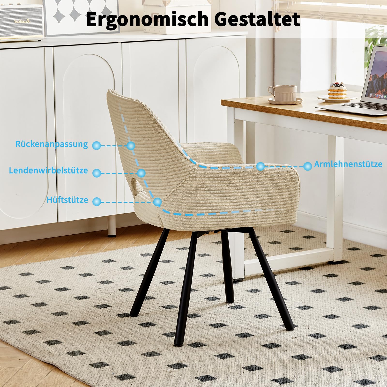 JIJIAN 1er Set Esszimmerstuhl Drehbar mit Armlehne, Drehbar 360°, Küchenstuhl, Moderner Polsterstuhl mit Stoffrückenlehne für Küche, Esszimmer, Schlafzimmer, Beige
