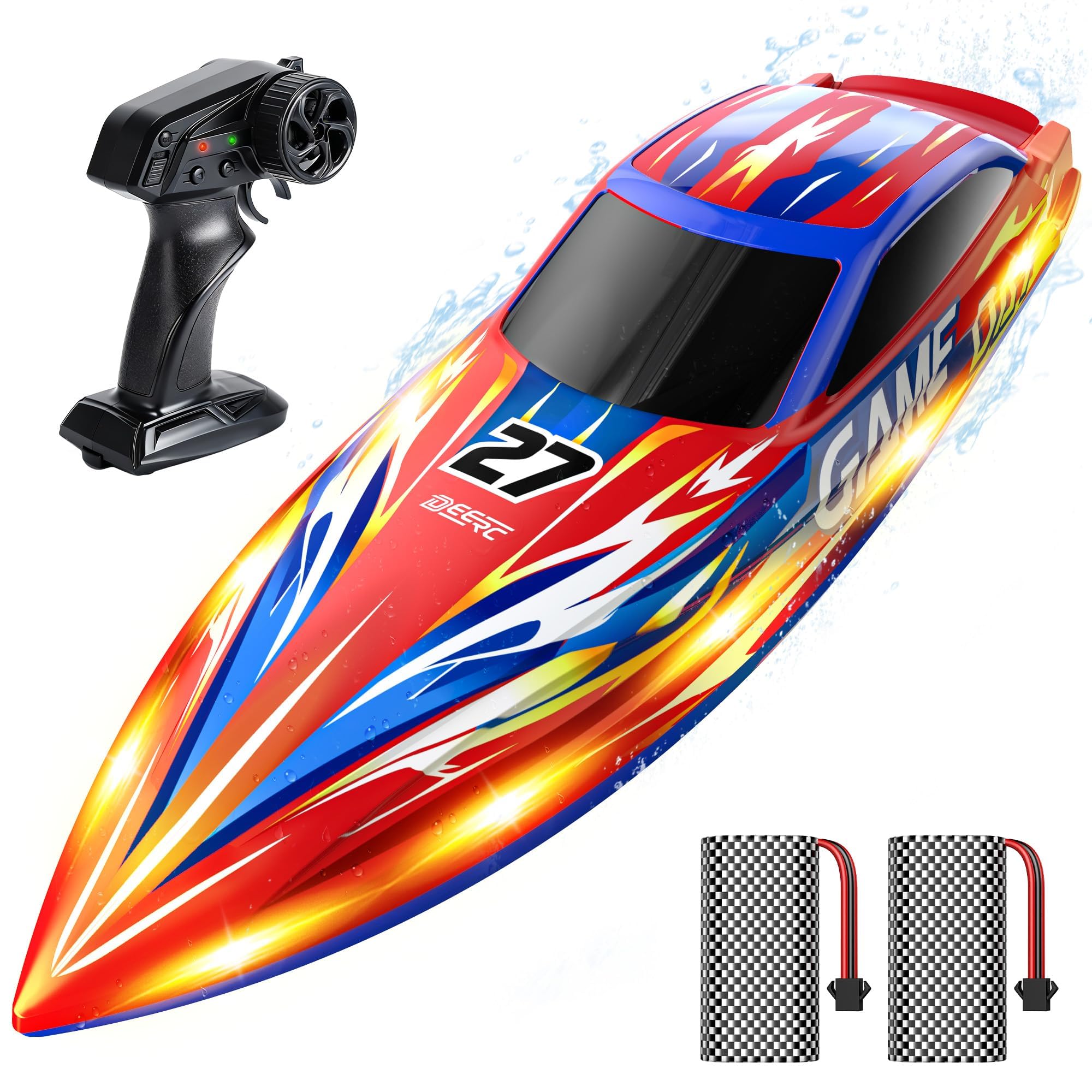DEERC High Speed RC Boat for Kids, 25+KPH Remote Control Boat with LED Lights, Capsize Recovery,2x1300mAh Batteries 30 Min, 50+ Pad-Printed Details, 2.4GHz Racing Boat for Pool & Lake HJ826