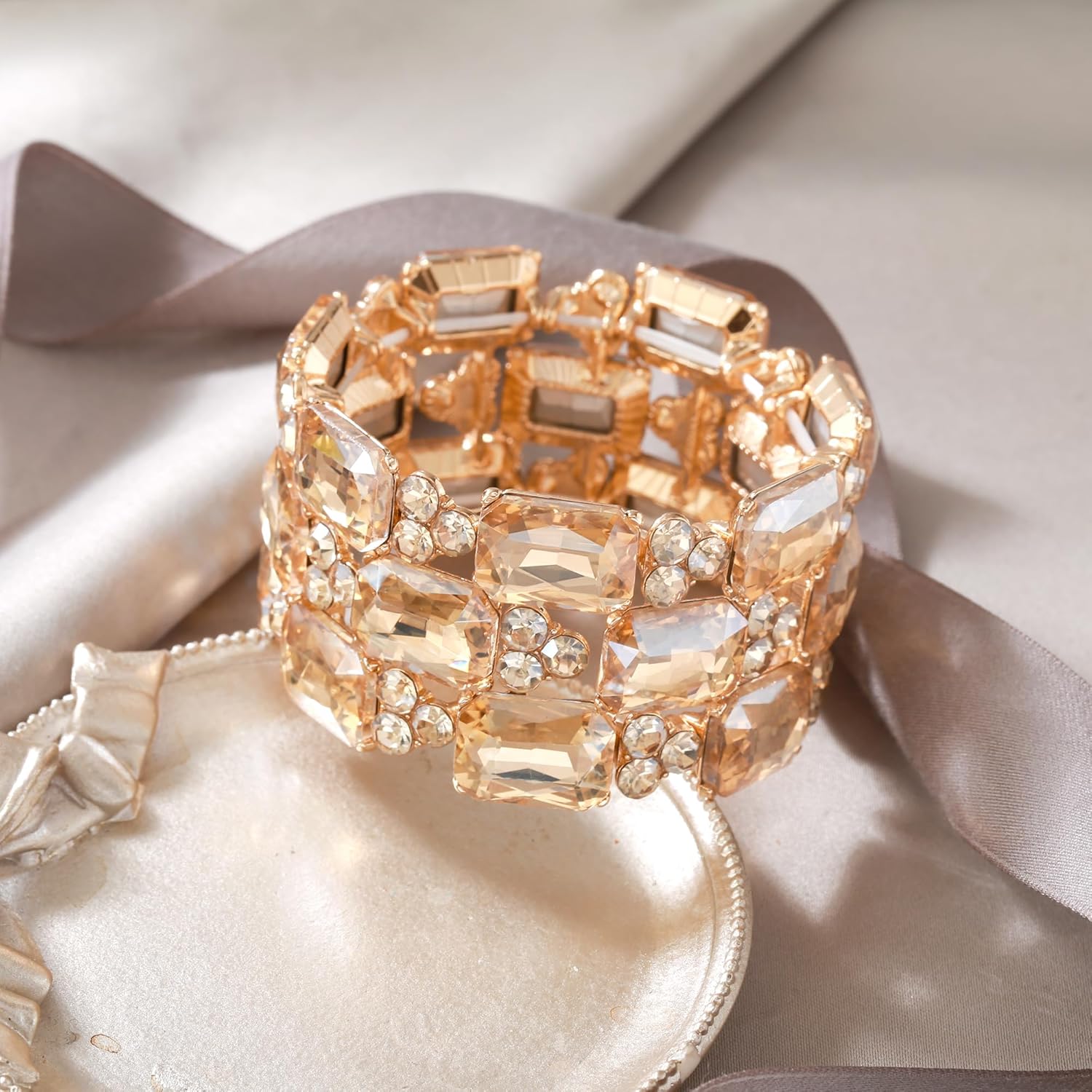 EVER FAITH Wedding Prom Bracelets for Women, Radiant Cut Austrian Rhinestones Crystal 3 Layers Elastic Stretch Wide Bracelet Jewelry for Brides Bridesmaid - Image 4