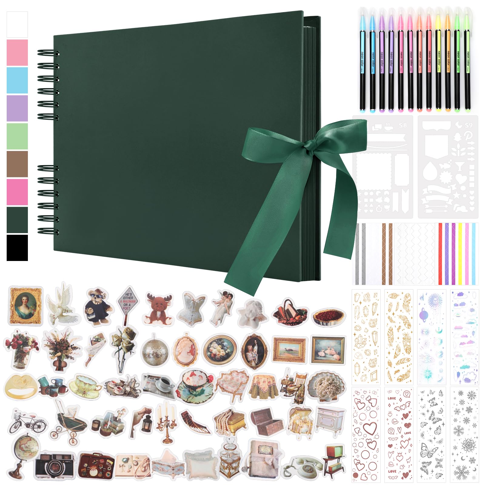 DazSpirit DIY Scrapbook Photo Album with Ribbon, 80 Pages/40 Sheets Scrap Book Rectangle Hardcover Photo Book, With 12 Marker Pens & 7 Stickers, Ideal for Scrapbooking, Arts, Crafts DIY, Dark Green — image 1