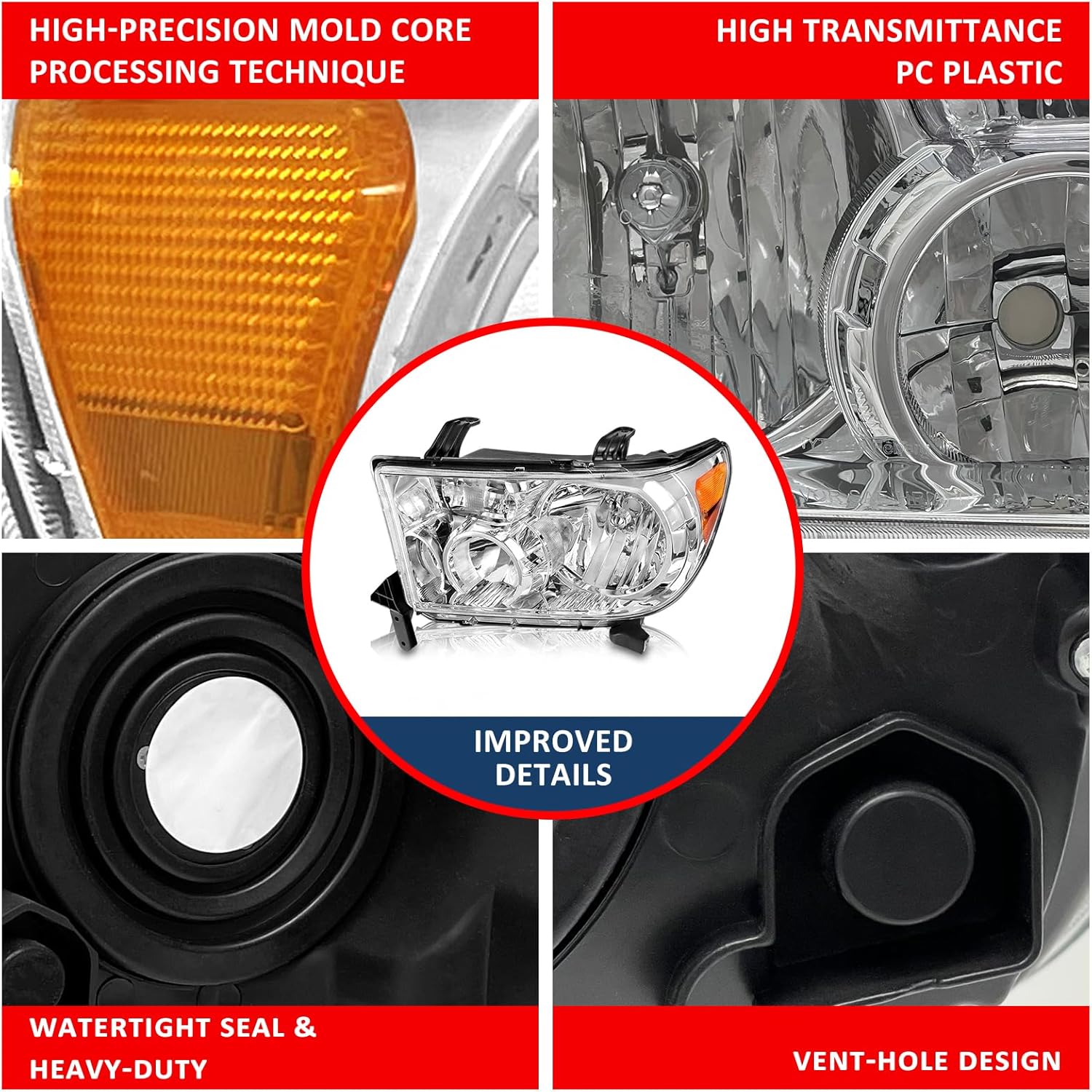 Compatible with 2007 2008 2009 2010 2011 2012 2013 Toyota Tundra (W/o Headlight Leveling Models)/2008-2017 Toyota Sequoia Headlights (12-14 Models Without Headlight Washer)