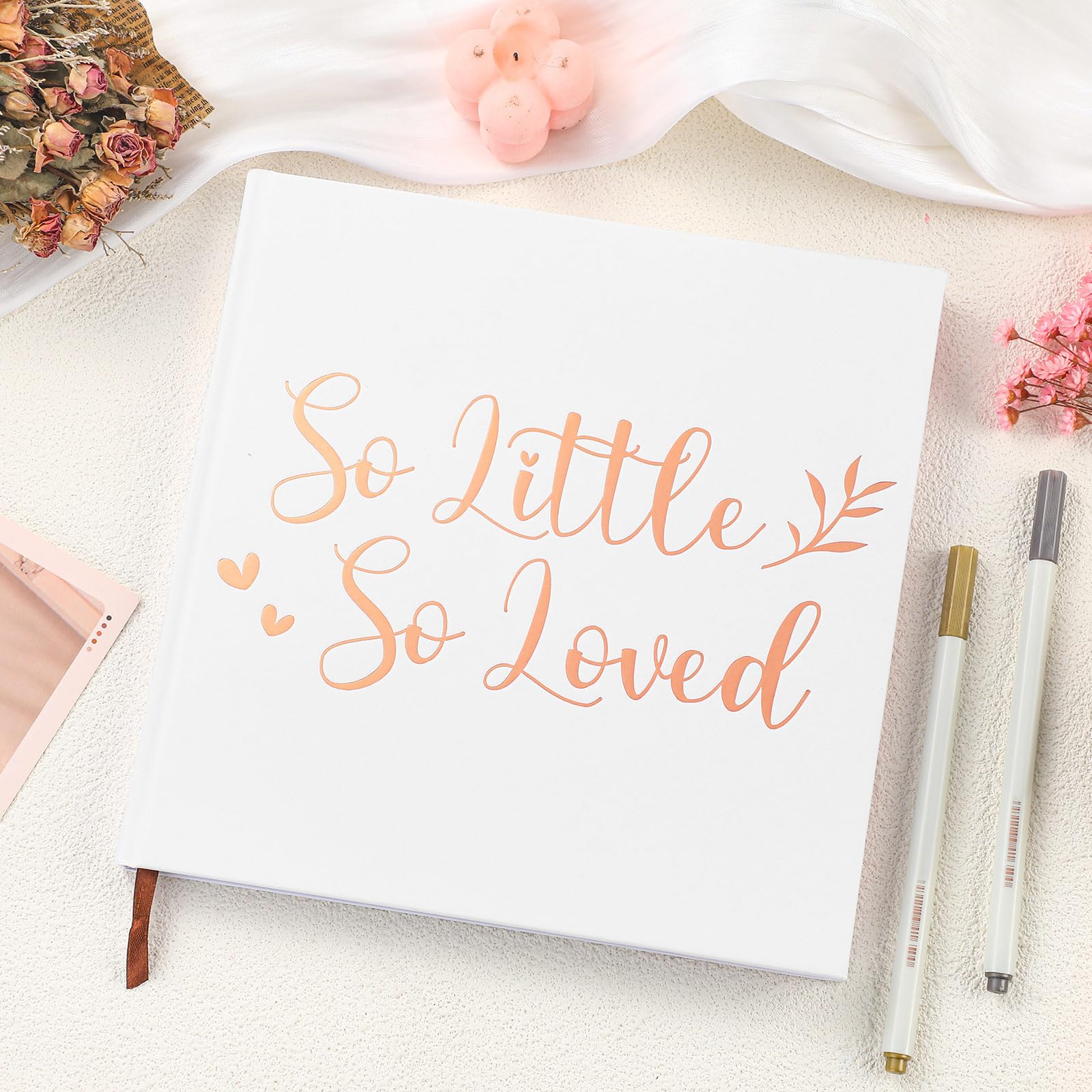 Humyoun So Little So Loved Baby Shower Guest Book Decorations with 2 Markers Baby Sign in Guest Book Scrapbook Rose Gold Foiled Photo Album 8.7'' x 8.7
